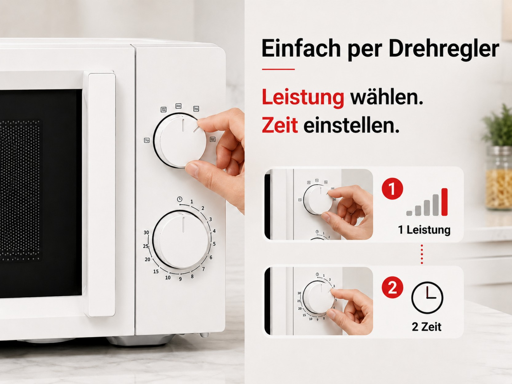 Eine Hand dreht einen Drehregler an einer weißen Mikrowelle, um die Leistung einzustellen.