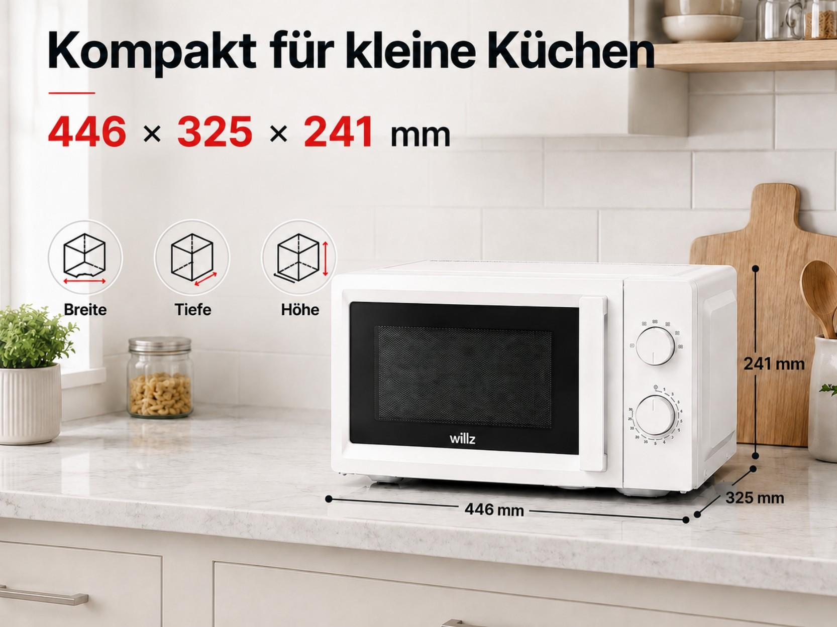 Ein weißer Willz Mikrowellenherd steht auf einer Küchenarbeitsplatte mit Maßen.