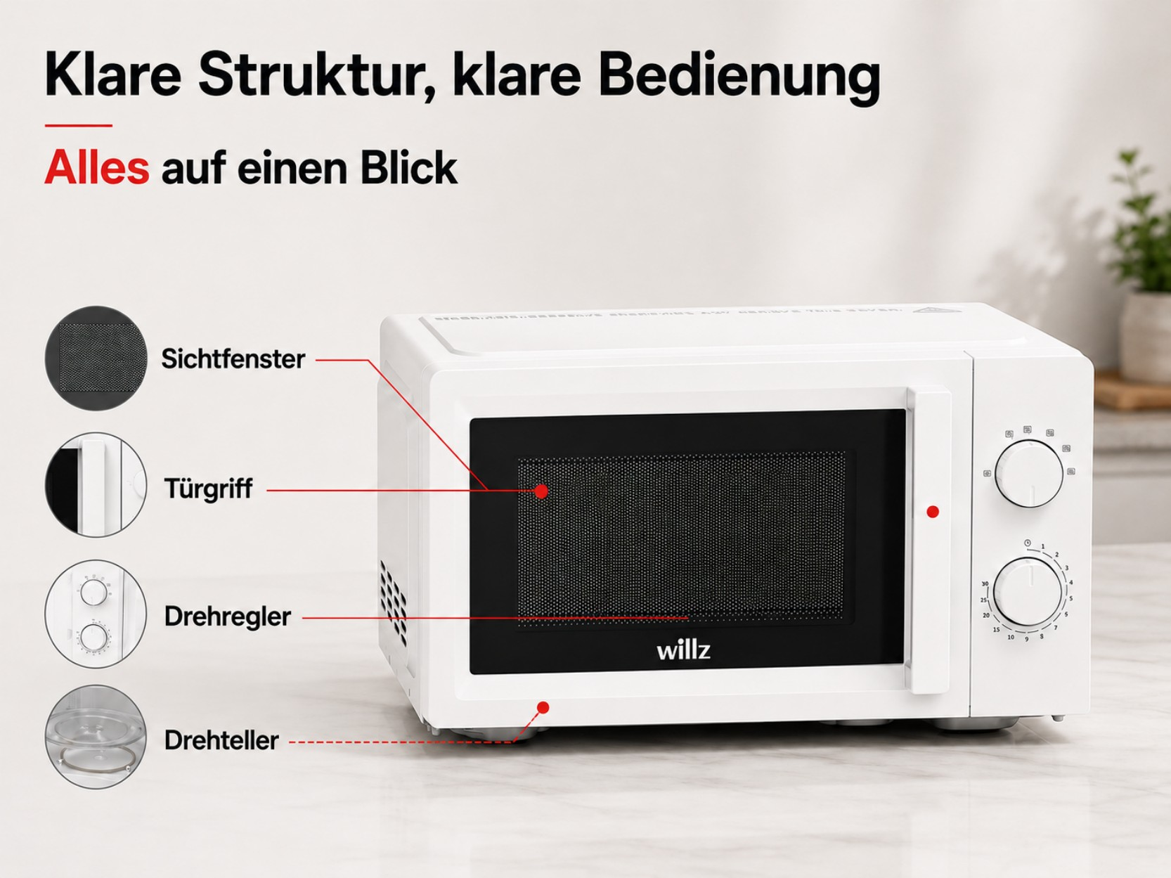 Weiße Mikrowelle mit Sichtfenster, Türgriff, Drehregler und Drehteller.