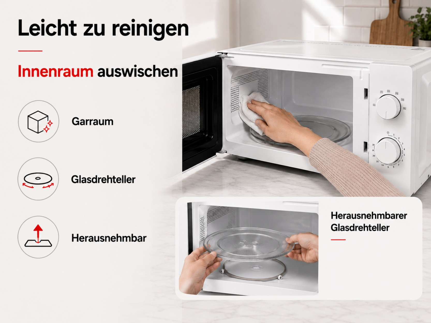 Eine Hand wischt mit einem Tuch das Innere einer weißen Mikrowelle aus. Ein Glasdrehteller ist zu sehen.
