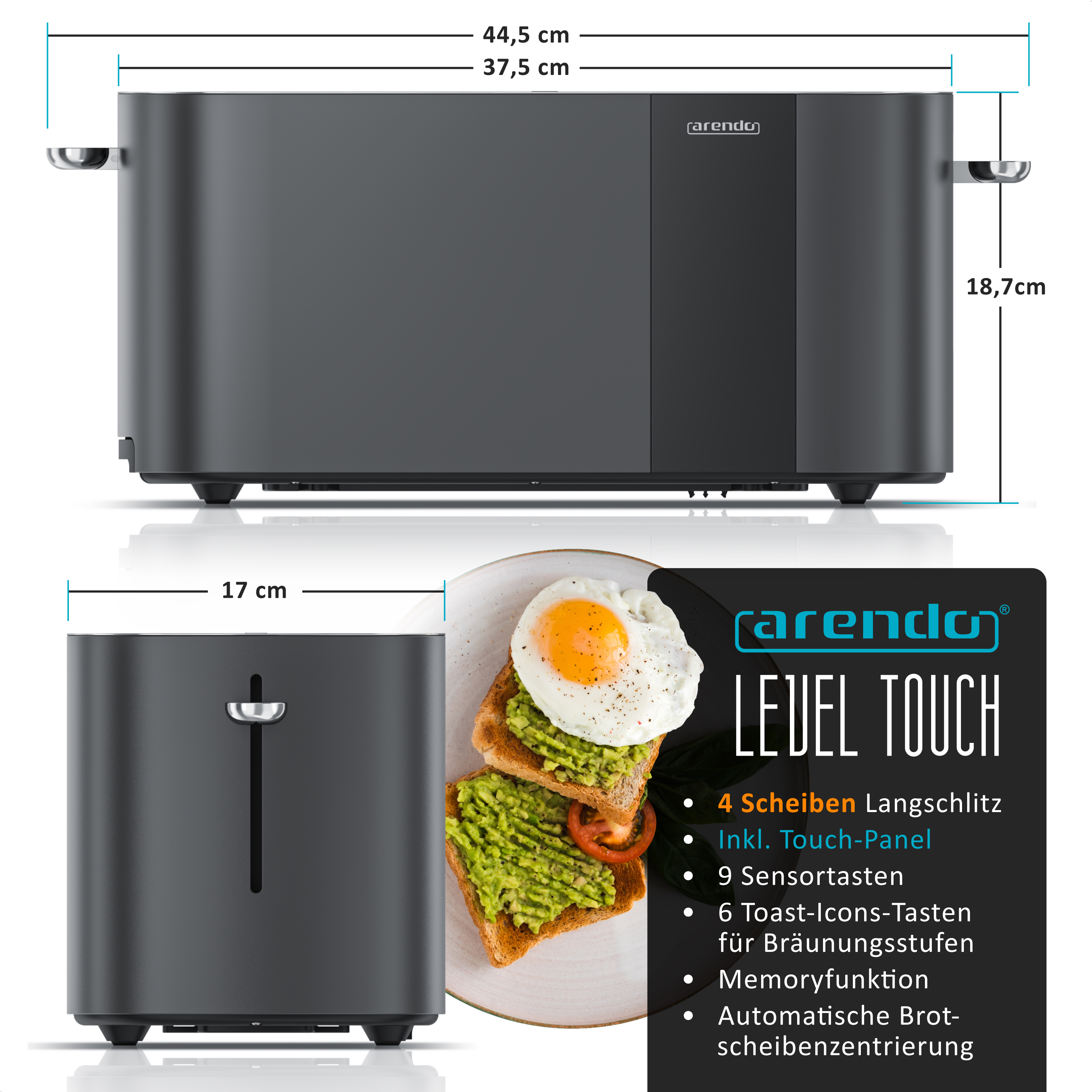 Ein dunkler Langschlitztoaster mit einem Spiegelei-Toast daneben.