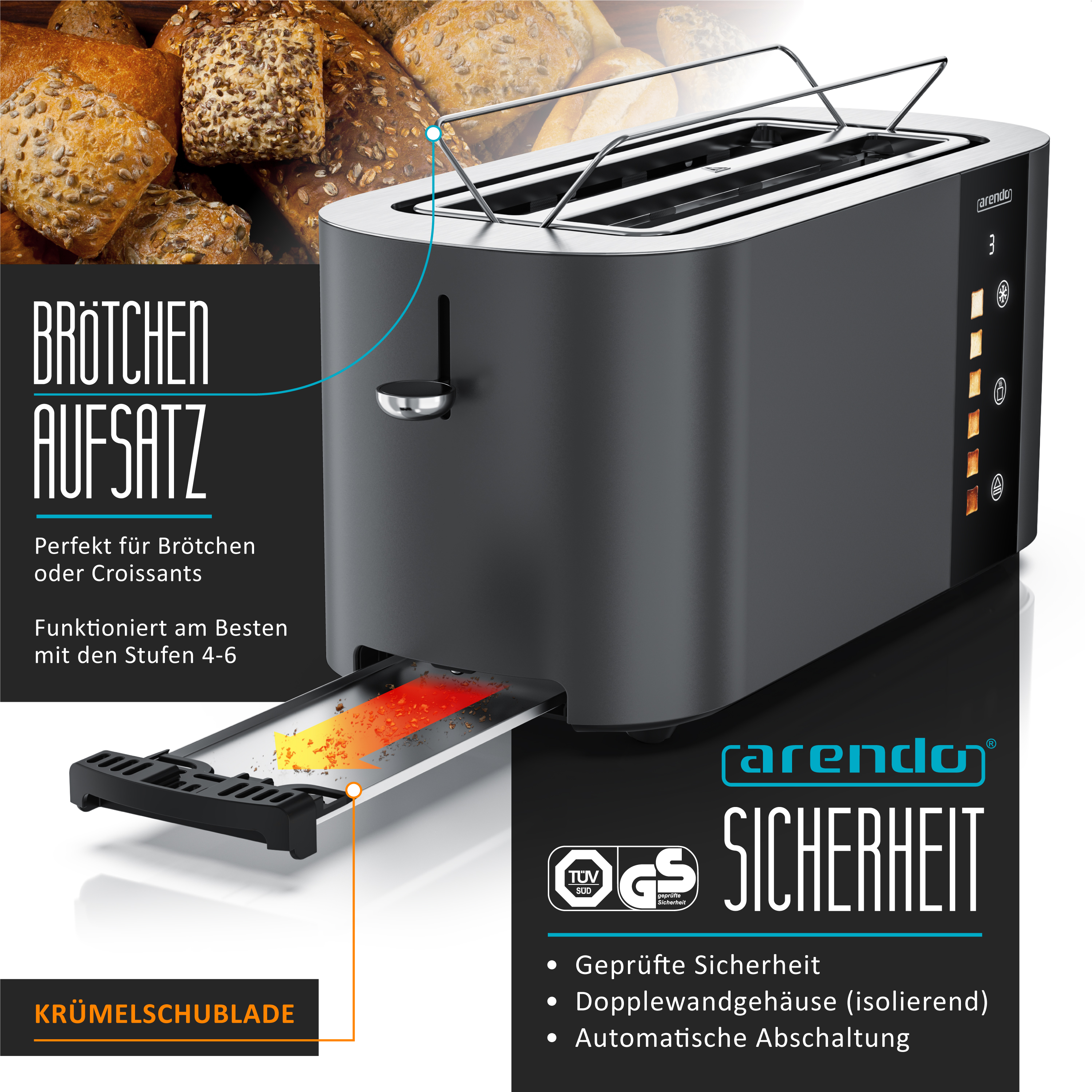 Ein dunkelgrauer Arendo-Toaster mit Krümelschublade und Brötchen im Hintergrund.