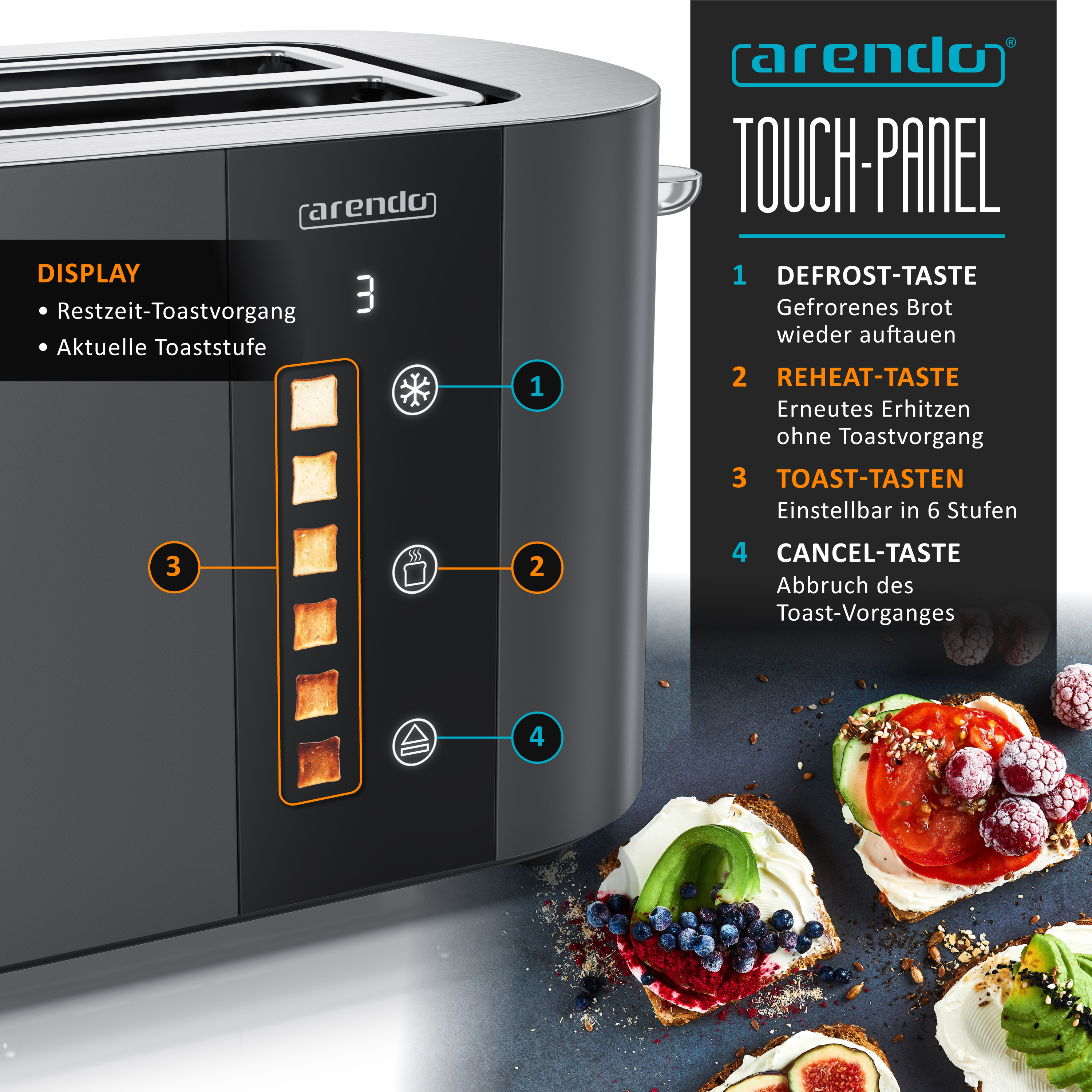 Ein Arendo Toaster mit Touch-Panel und Toast-Symbolen. Daneben sind vier belegte Brote.