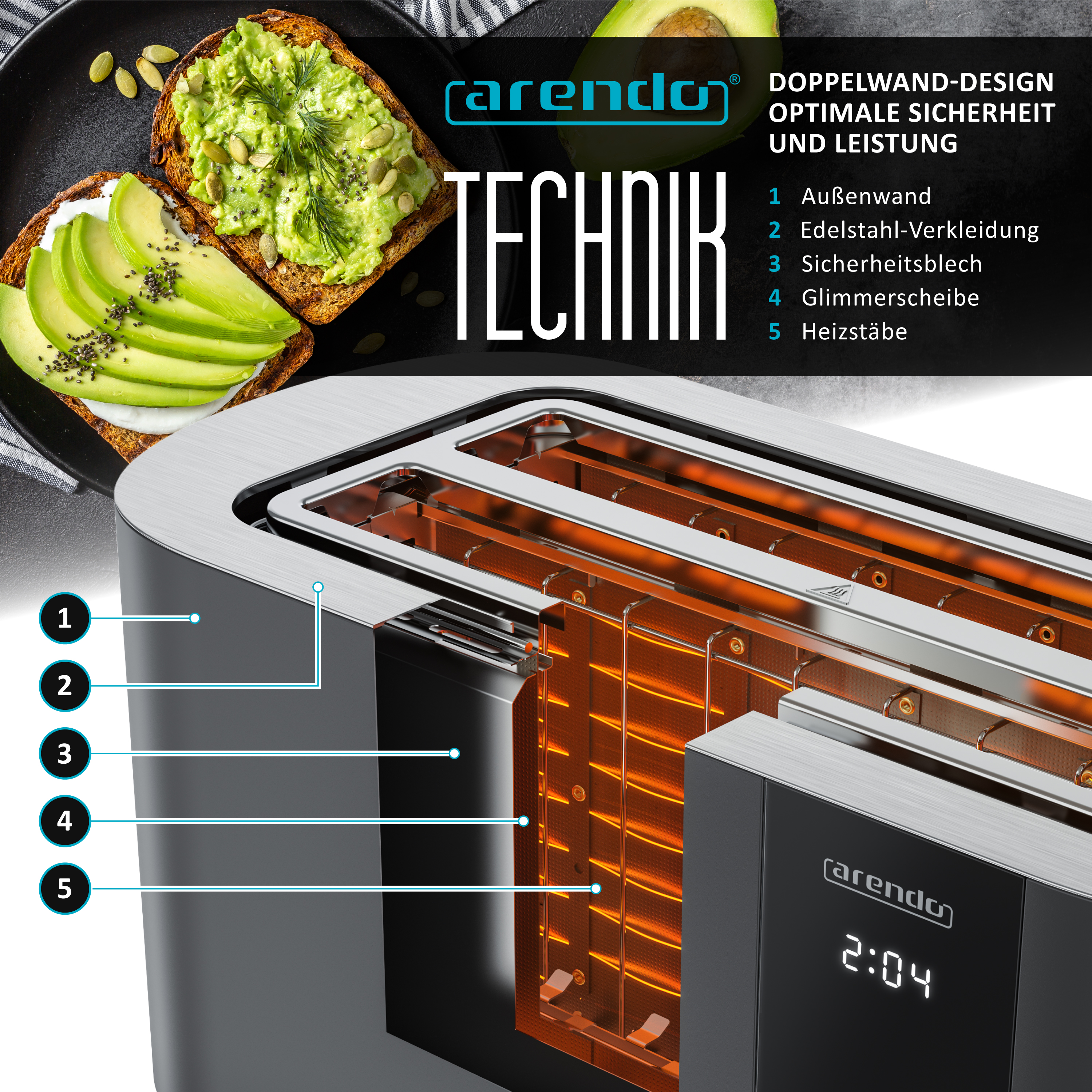 Ein Toaster mit Avocado-Toast, markiert mit Technik-Details.