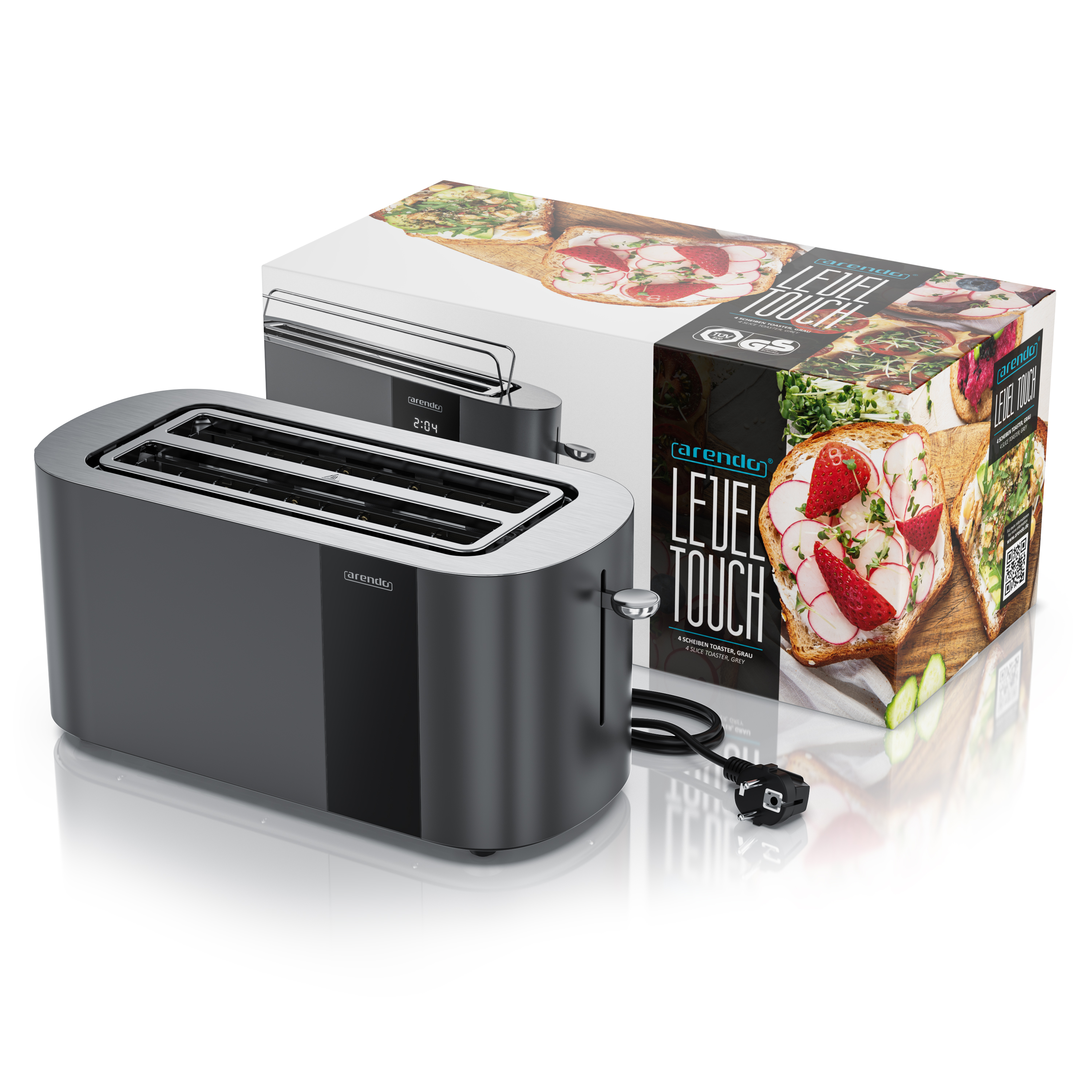 Grauer 4-Scheiben-Toaster mit Verpackung, die belegte Brote zeigt.