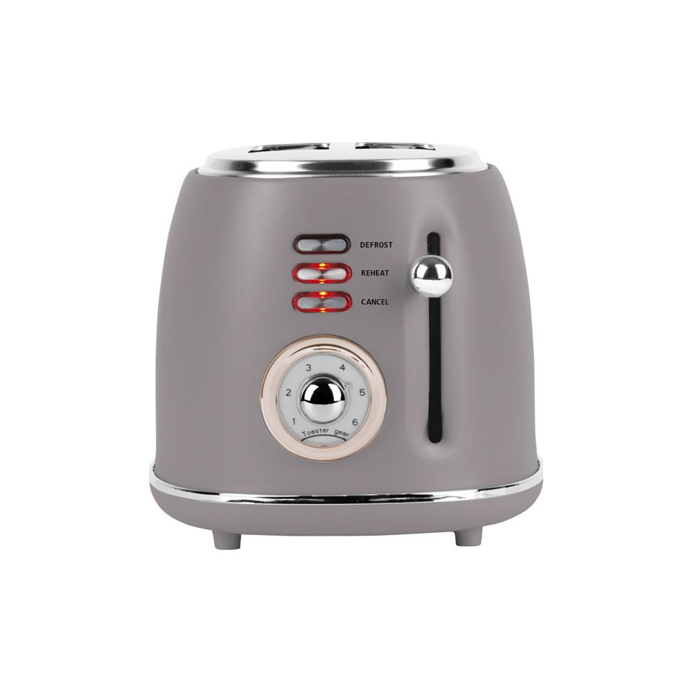 Grauer Toaster mit silbernem Hebel und Drehregler. Beleuchtete Tasten für Auftauen, Aufwärmen und Stopp.