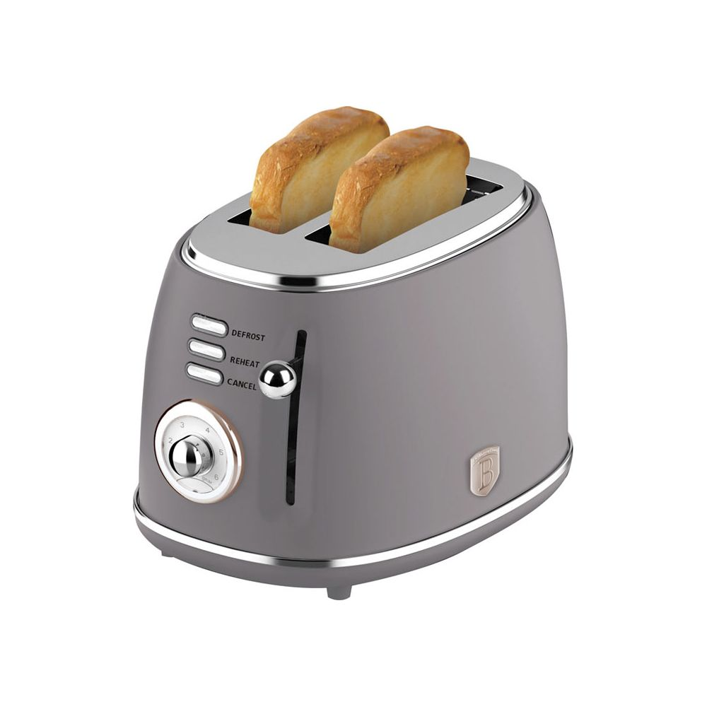 Grauer Toaster mit zwei Toastscheiben, Bedienelementen und einem Logo.