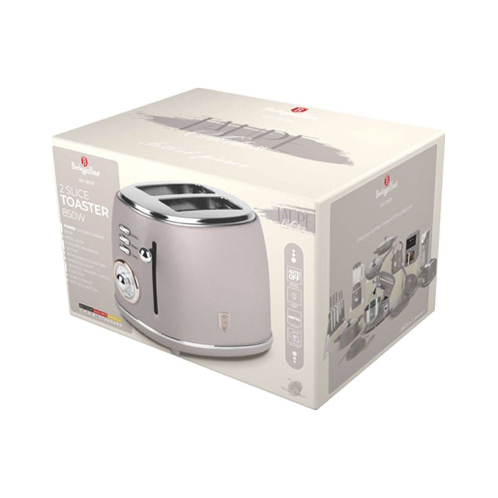 Grauer 2-Schlitz-Toaster der Marke Berlinger Haus auf seiner Verpackung.