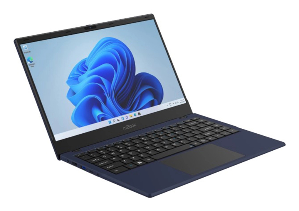 Ciemnoniebieski laptop jest otwarty, wyświetla tapetę Windows 11.