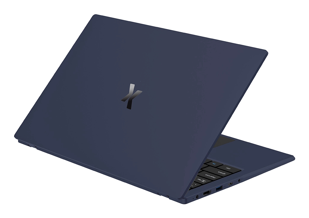 Ciemnoniebieski laptop z logo X na pokrywie, częściowo otwarty.