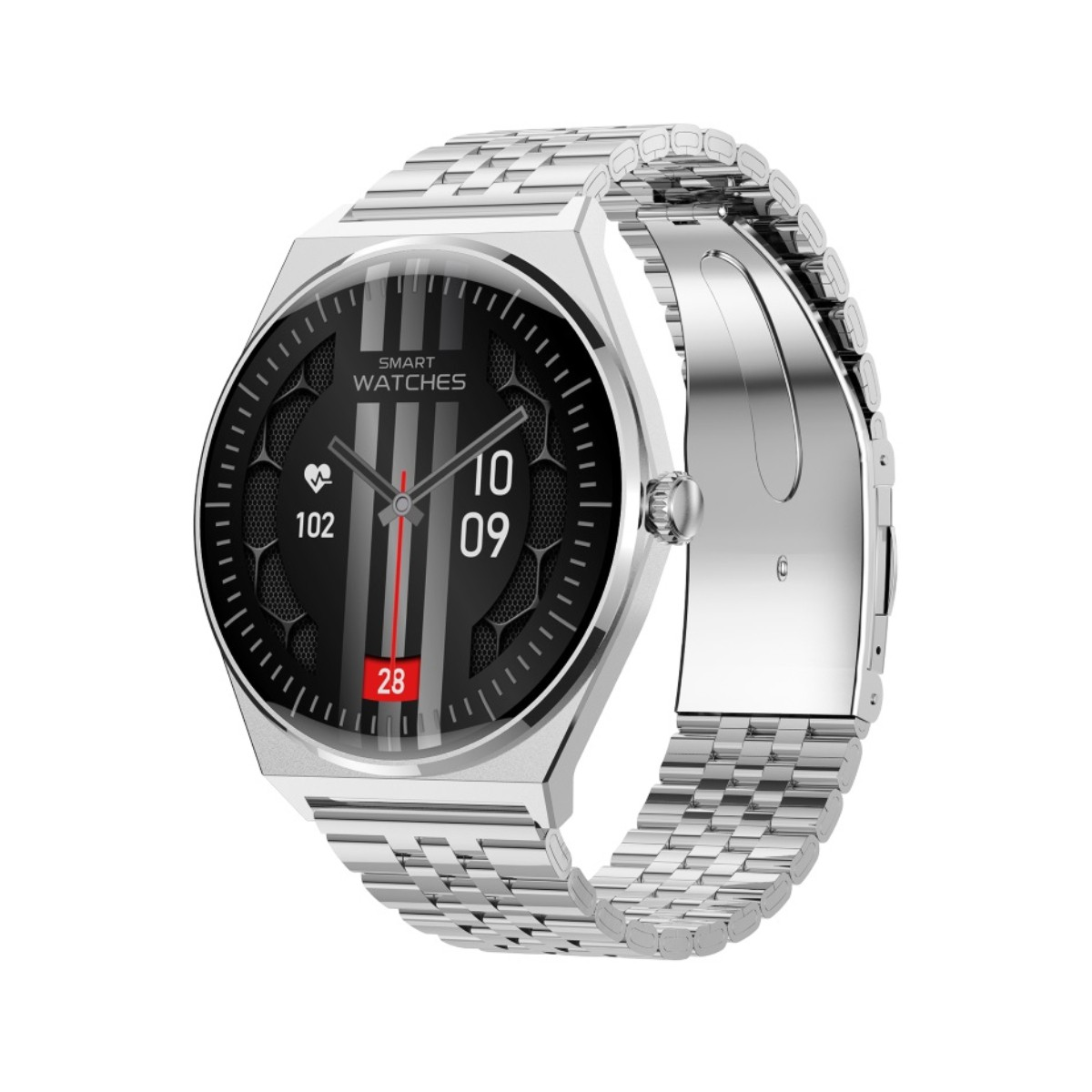 Srebrny smartwatch z czarną tarczą, wyświetlaczem tętna i godziną.