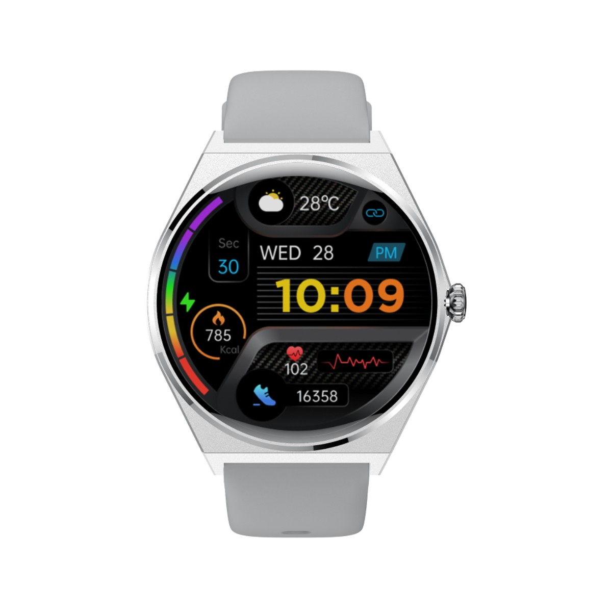 Szary smartwatch pokazuje 28°C, 10:09, 785 Kcal, 102 uderzenia serca, 16358 kroków.