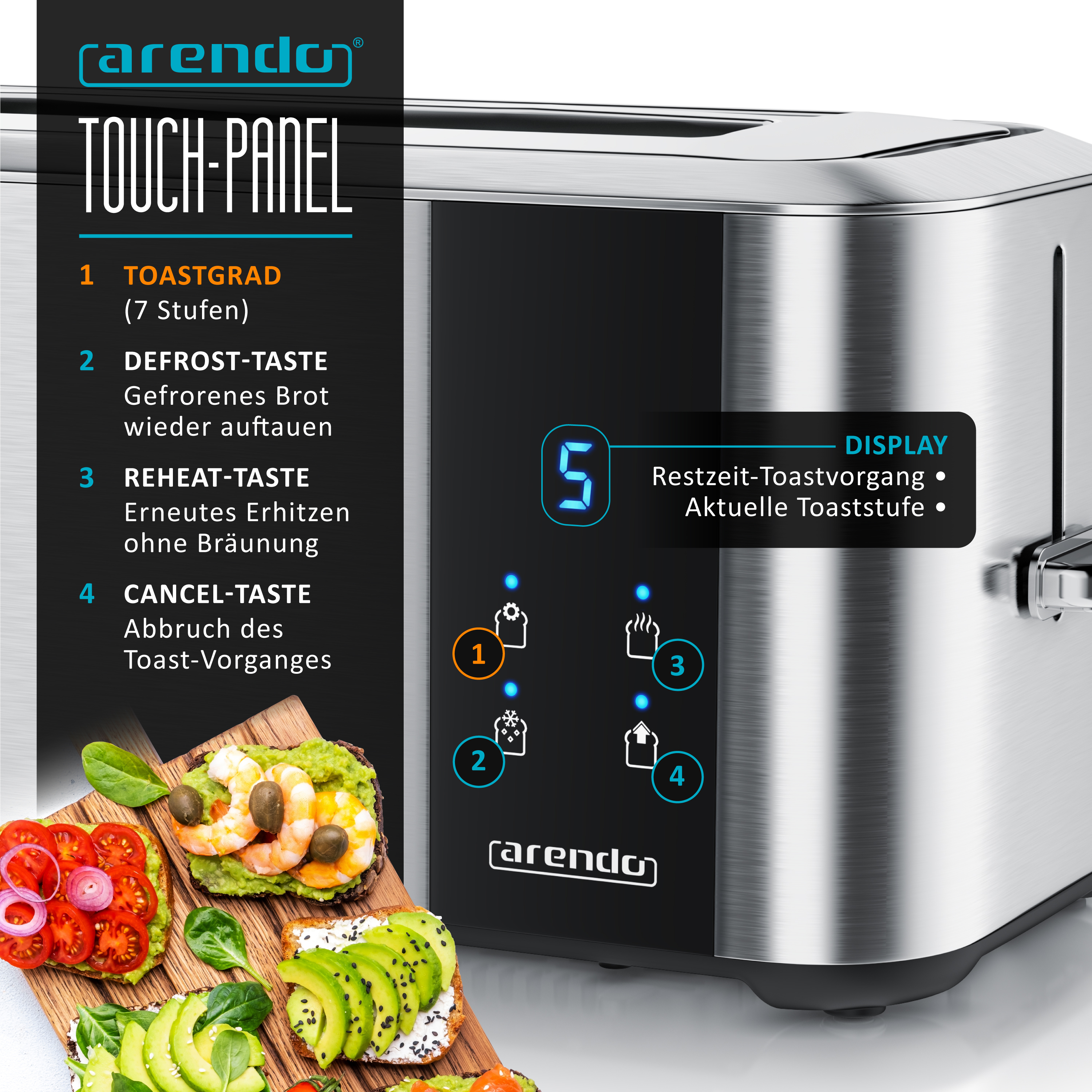 Ein moderner Arendo Toaster mit Touch-Panel, der Toast-Optionen und ein Digitaldisplay zeigt.