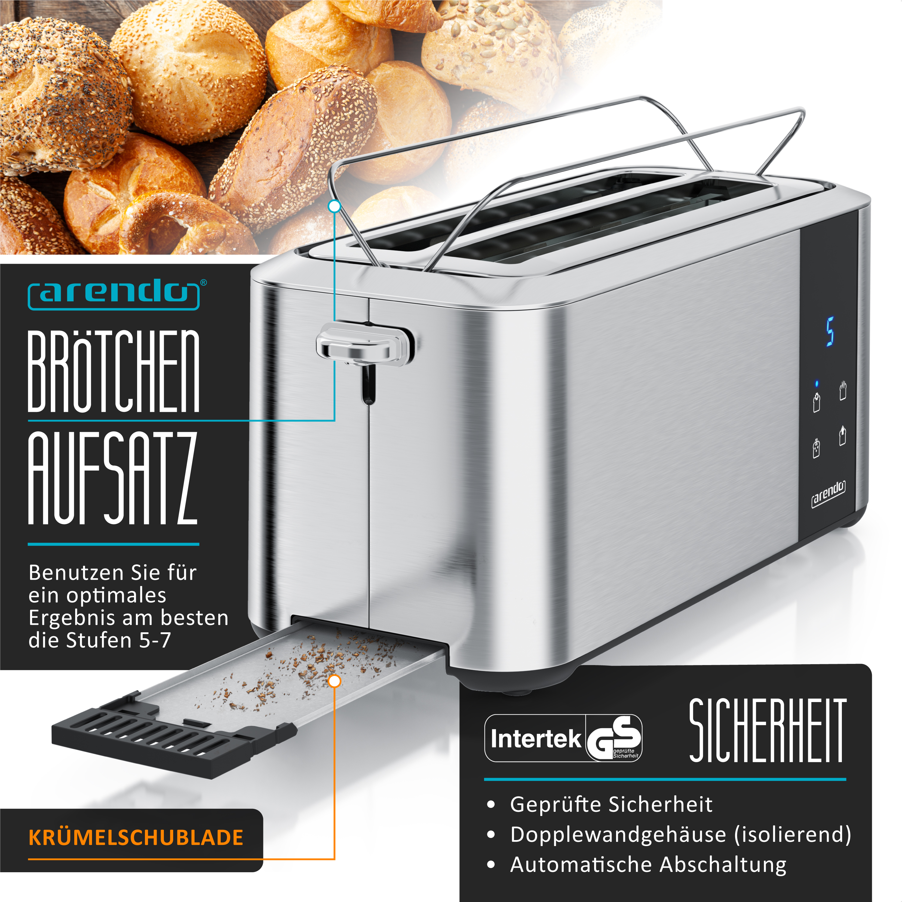 Edelstahl-Toaster mit Brötchenaufsatz, Krümelschublade und Sicherheitsmerkmalen.