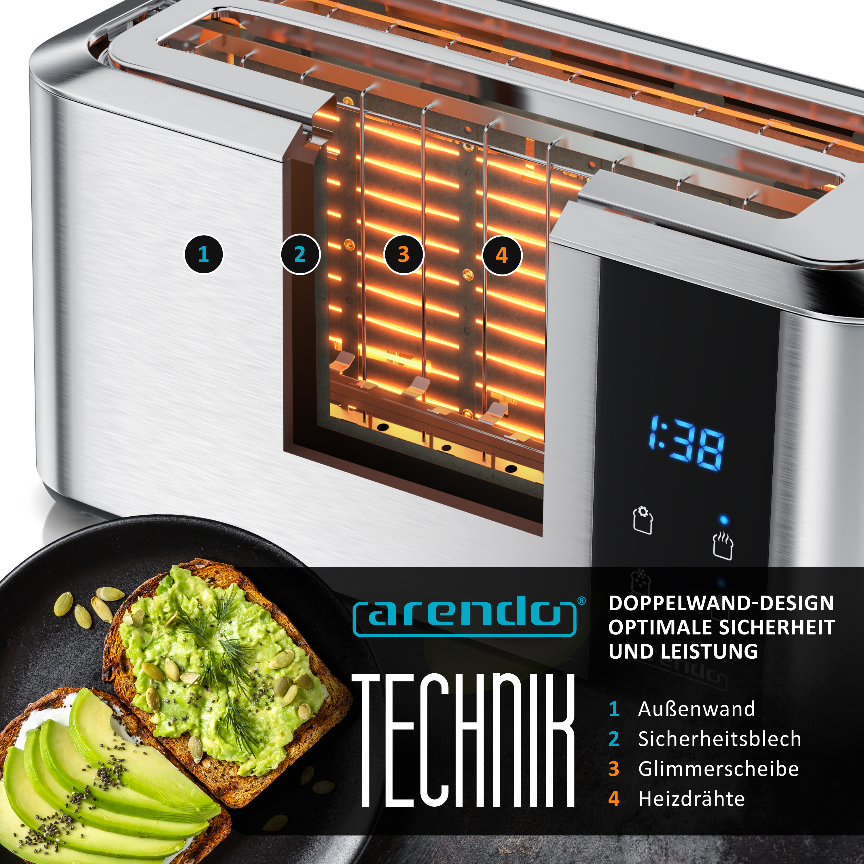 Ein silberner Toaster mit Heizstäben und Avocado-Toast auf einem Teller.