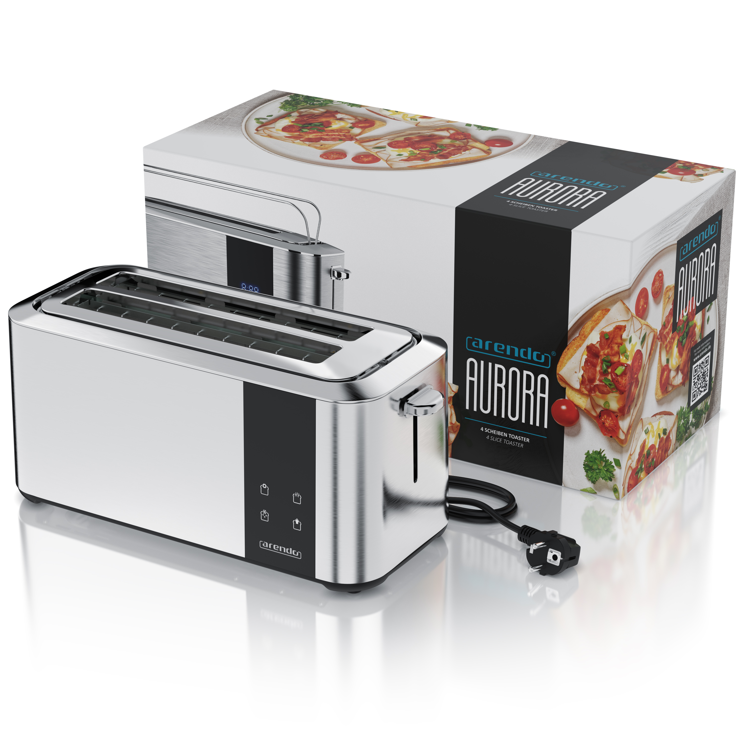 Ein silberner 4-Schlitz-Toaster mit schwarzem Bedienfeld und einer Verpackung.