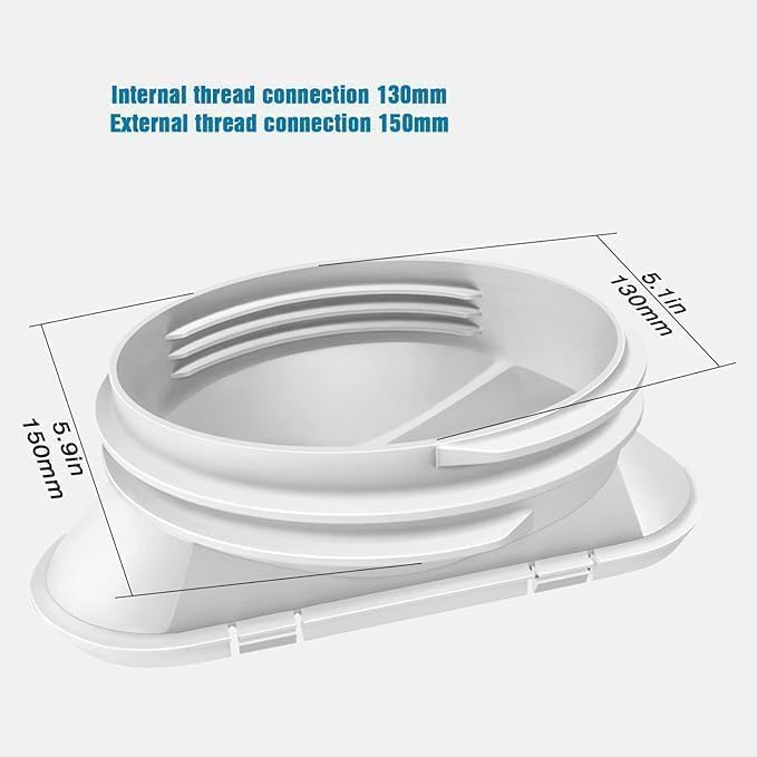 Weiße Kunststoffverbindung mit Messungen, 130mm innen, 150mm außen.
