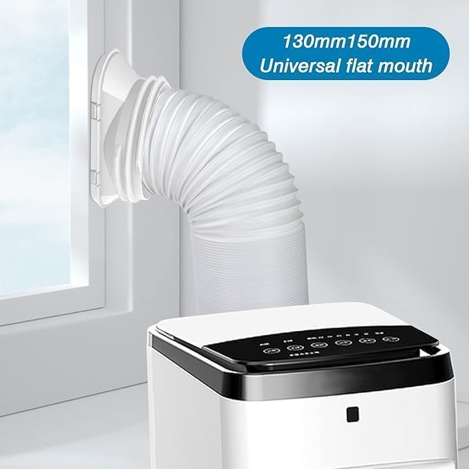 Ein weißer tragbarer Klimaanlagen-Einheit mit einem flexiblen Abluftschlauch.