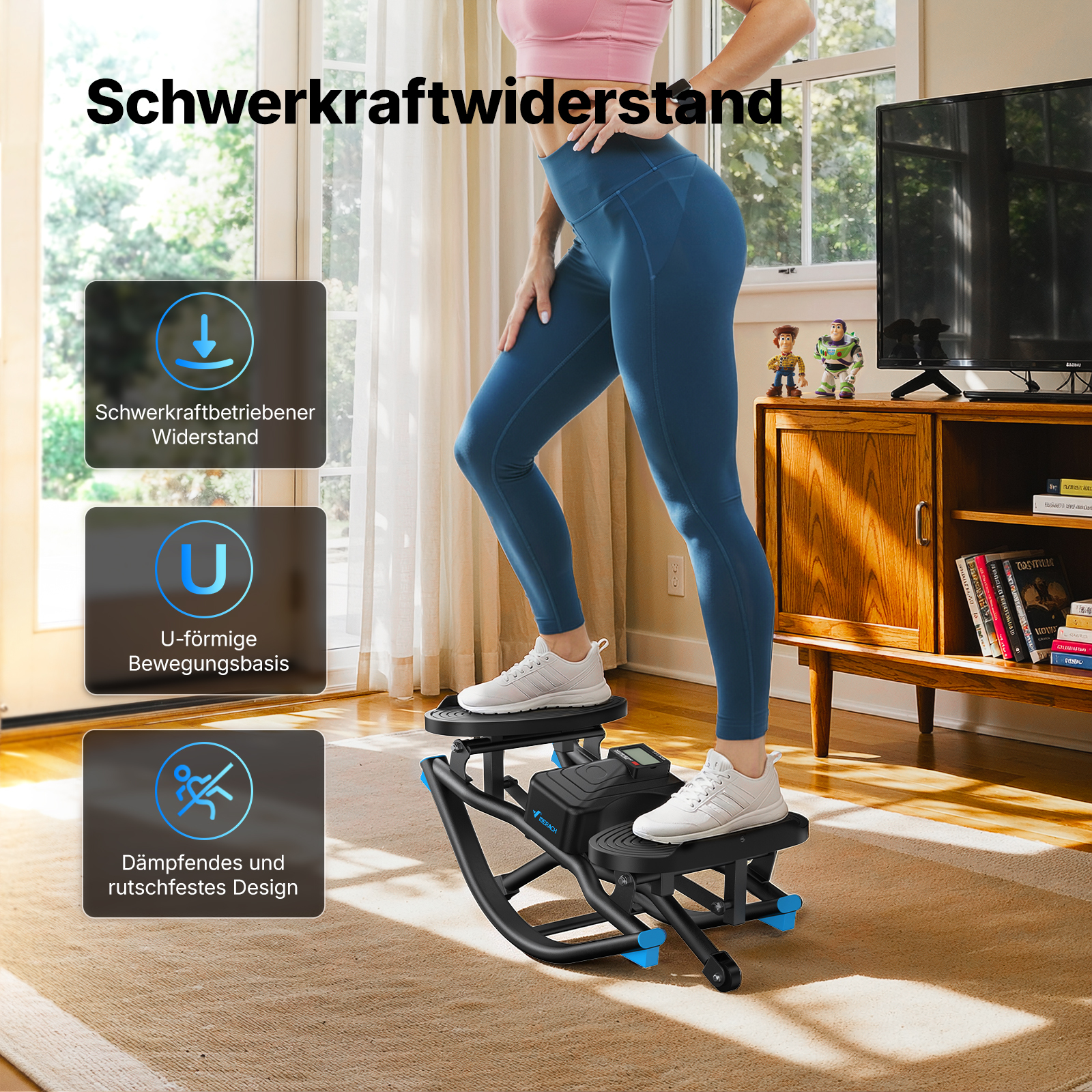 Frau auf einem Heimtrainer mit Schwerkraftwiderstand und U-förmiger Basis.