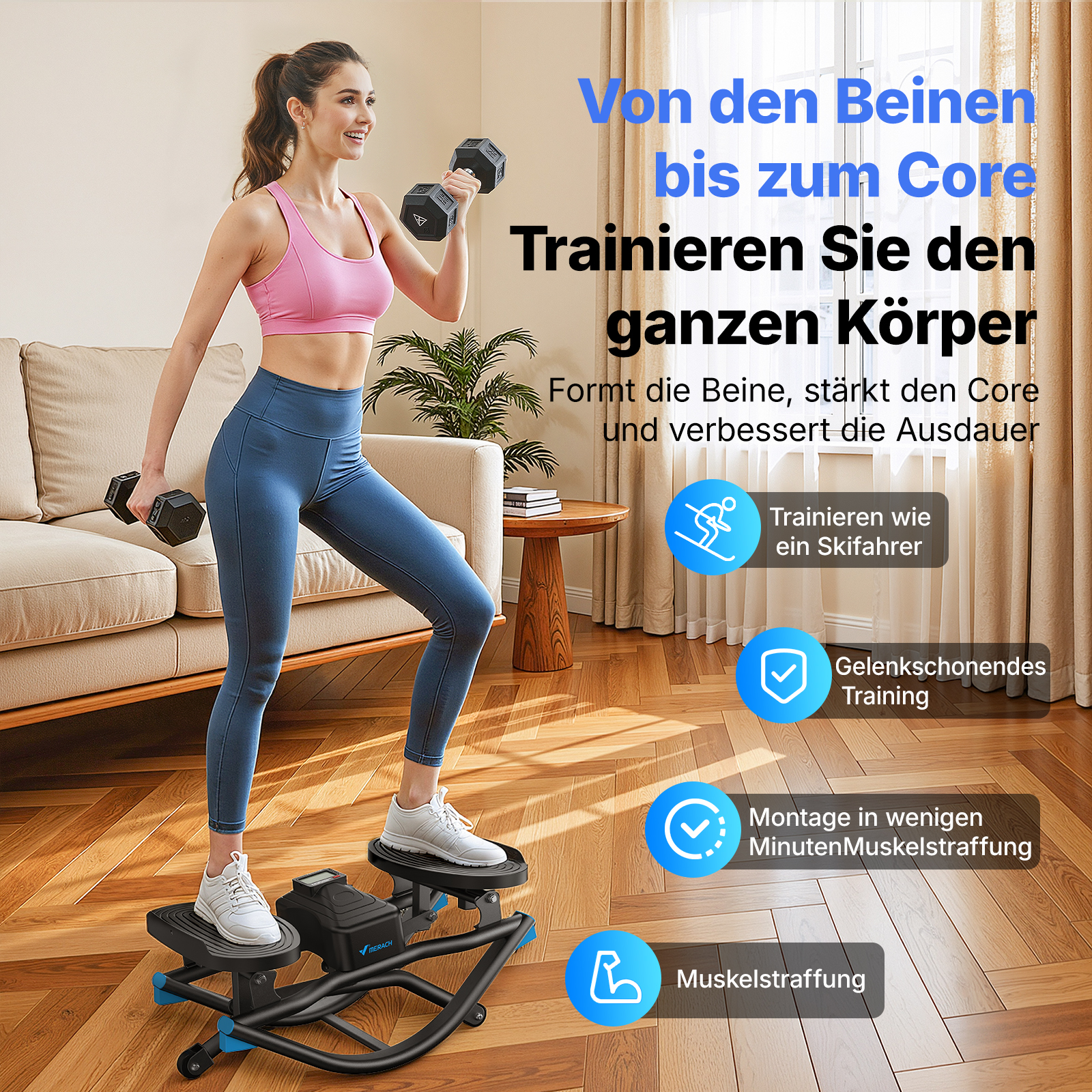 Eine Frau trainiert mit Kurzhanteln auf einem Stepper-Gerät in einem Wohnzimmer.
