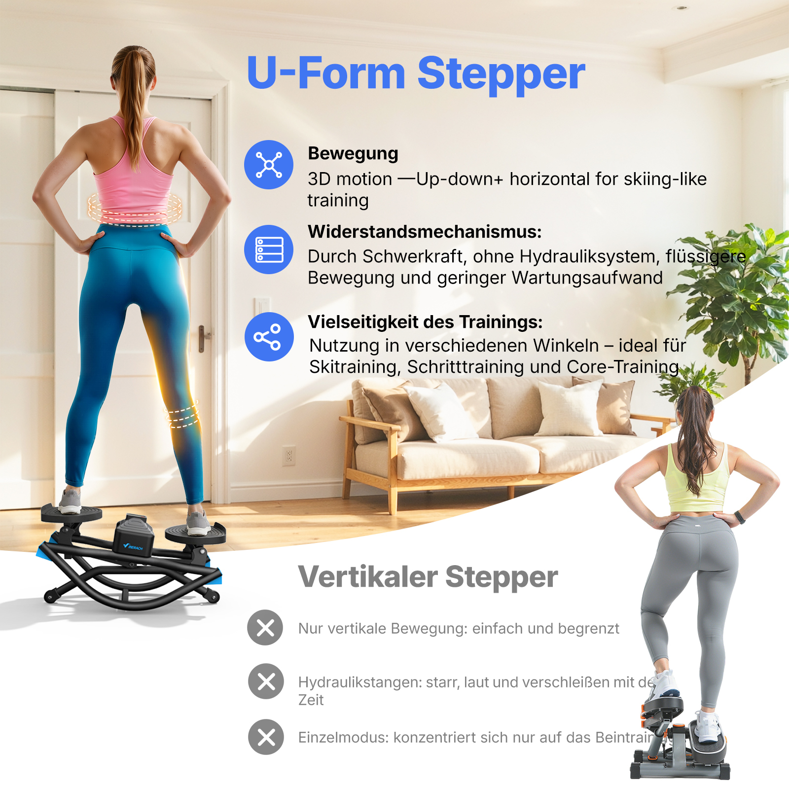 Frau trainiert auf einem U-Form-Stepper mit Text über Bewegung und Trainingsmöglichkeiten.