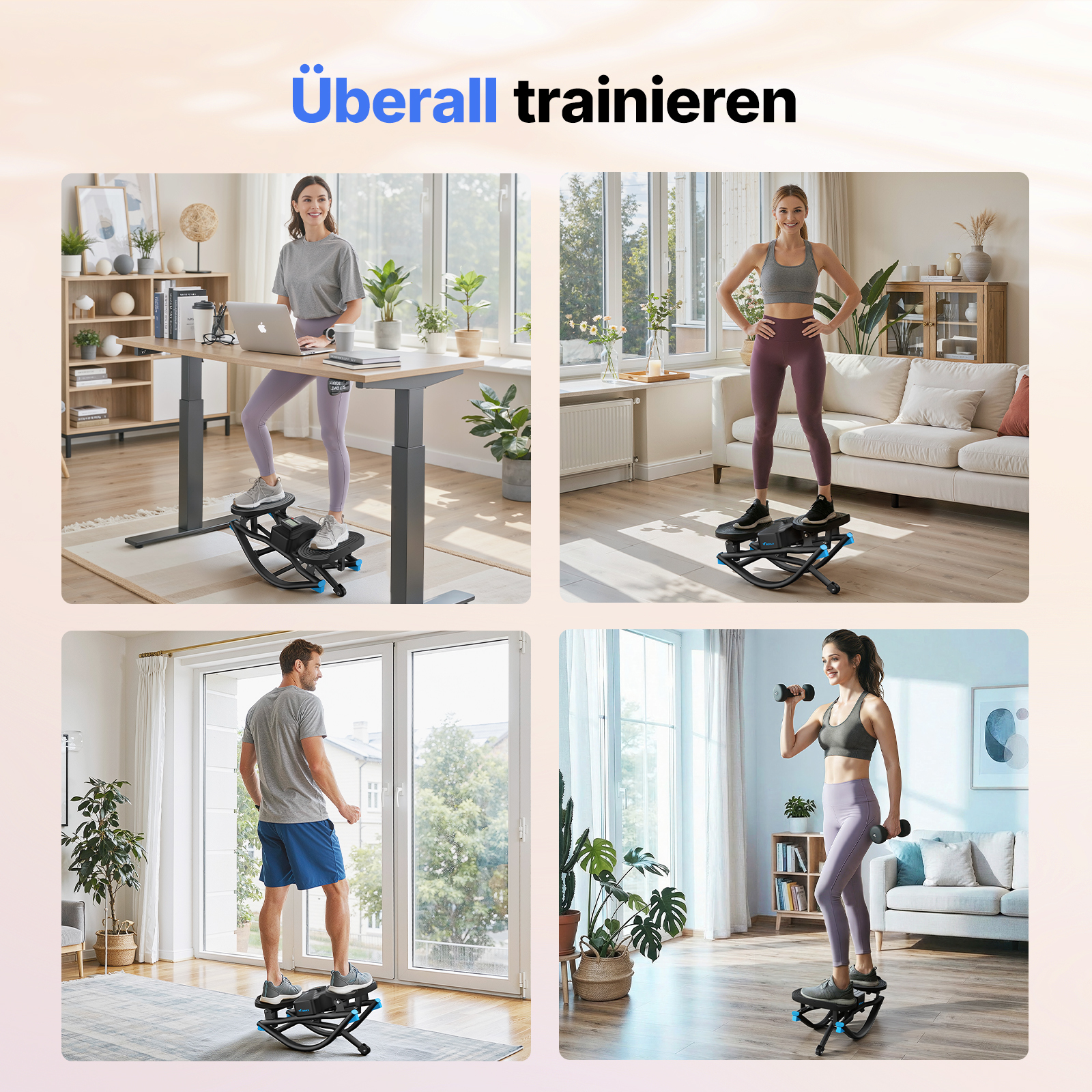 Vier Szenen zeigen Menschen, die zu Hause trainieren, einige an einem Stehtisch, andere mit Gewichten.