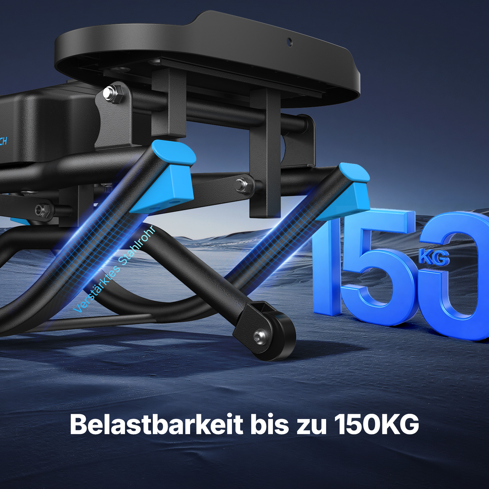 Verstärktes Stahlrohr mit 150 KG Traglast auf blauem Hintergrund.