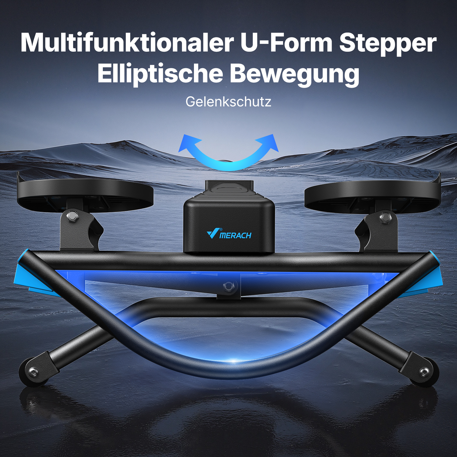 Ein elliptischer Stepper mit U-Form und blauen Akzenten auf dunklem Hintergrund.