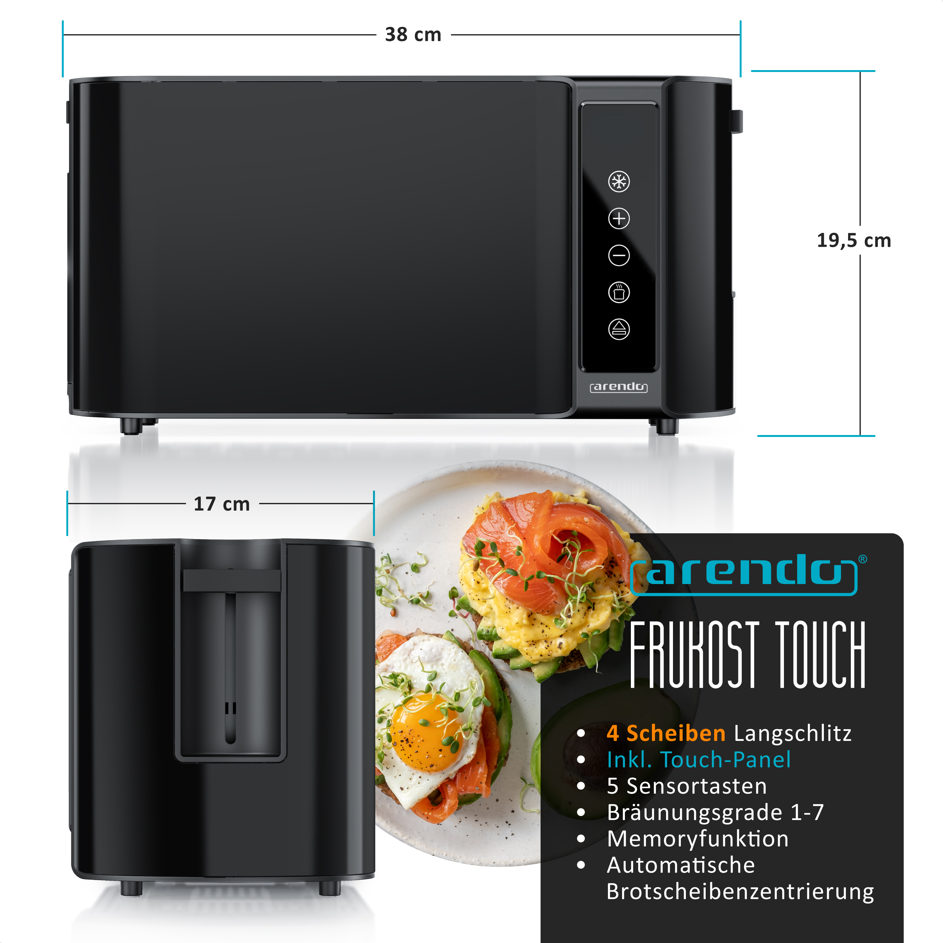 Schwarzer Langschlitztoaster mit Touch-Panel, daneben ein Frühstück.