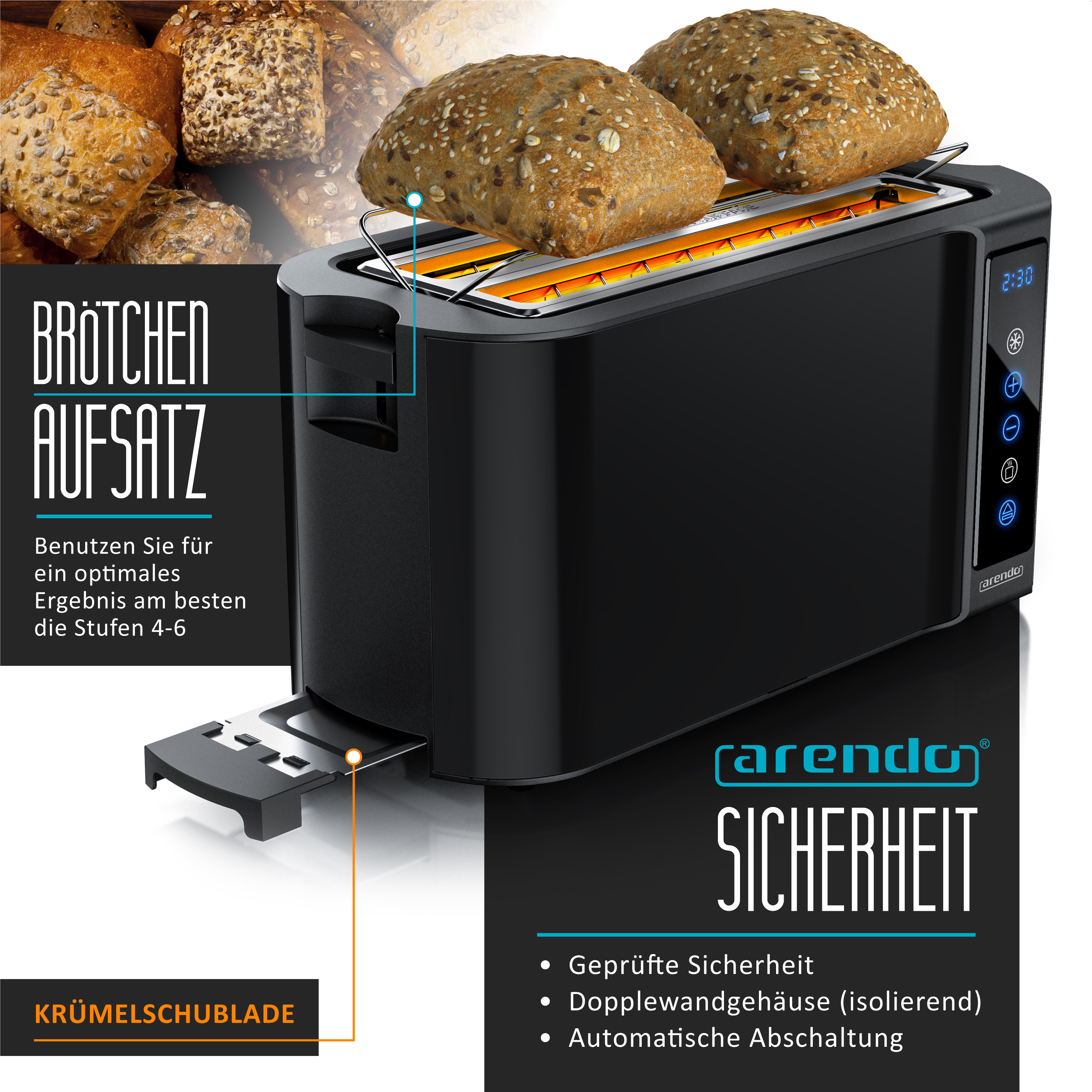 Schwarzer Toaster mit Brötchenaufsatz und Brötchen darin. Links Text.