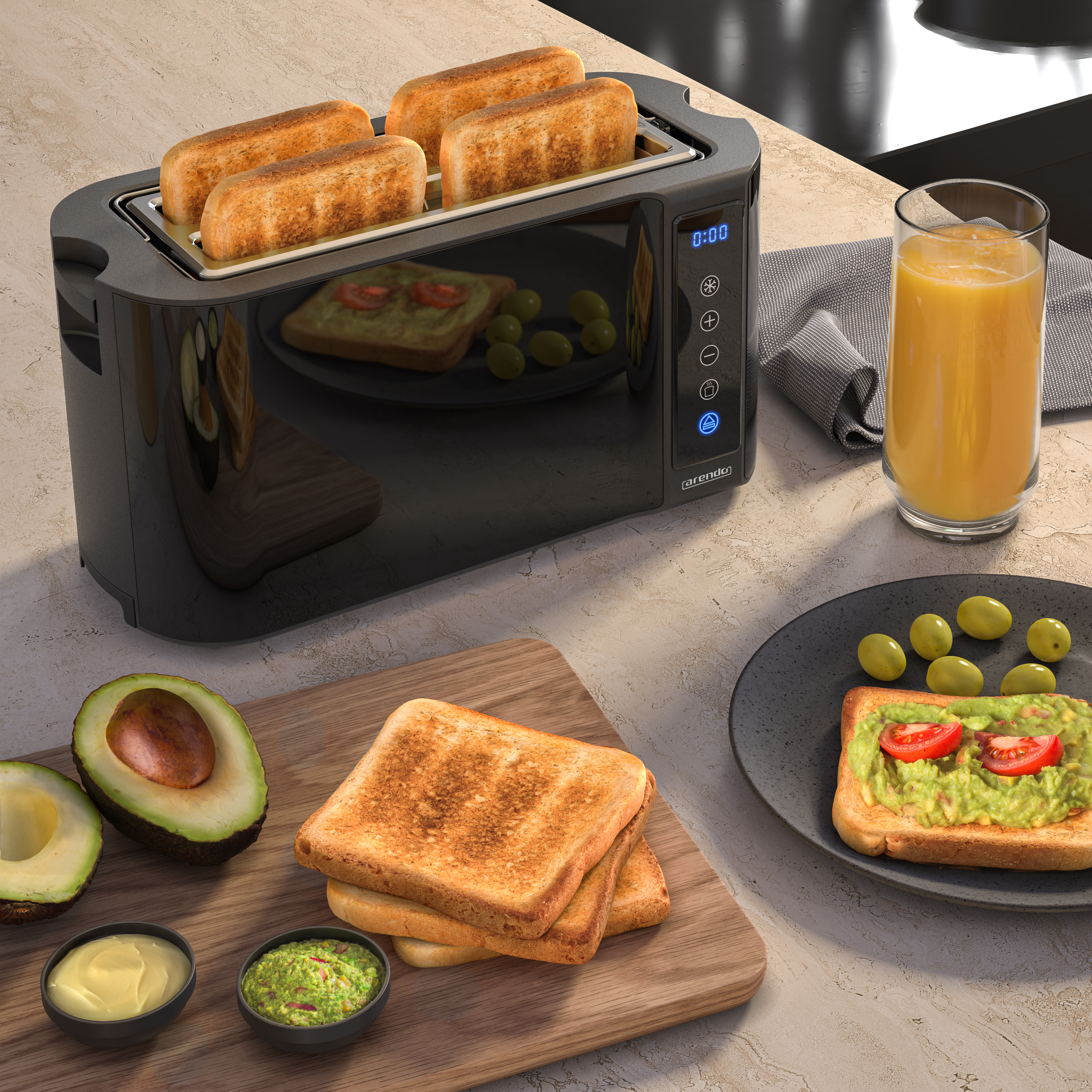 Ein schwarzer Toaster mit Toast, Avocado und Orangensaft.