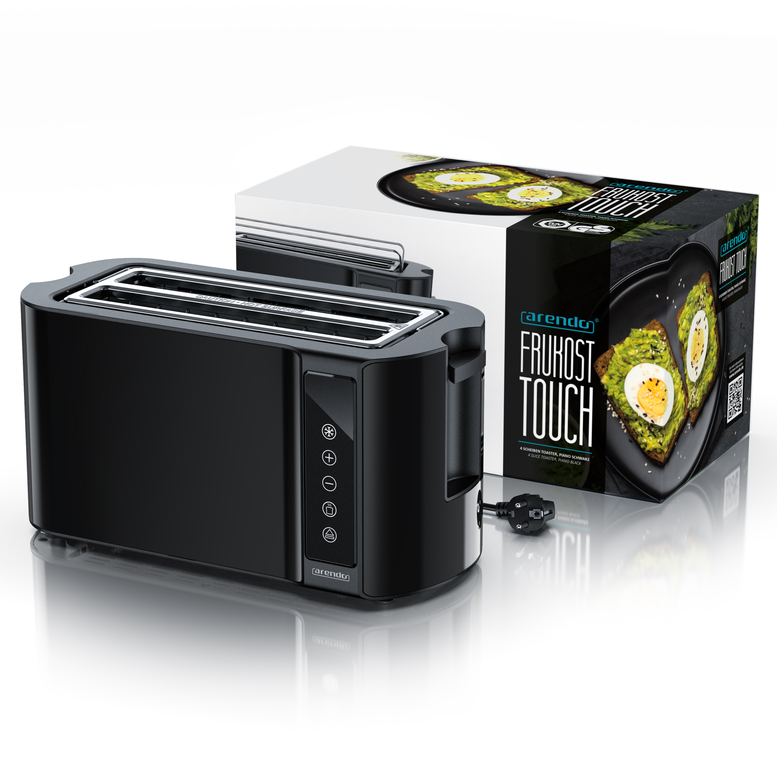 Ein schwarzer 4-Scheiben-Toaster mit Bedienfeld und Verpackung daneben.