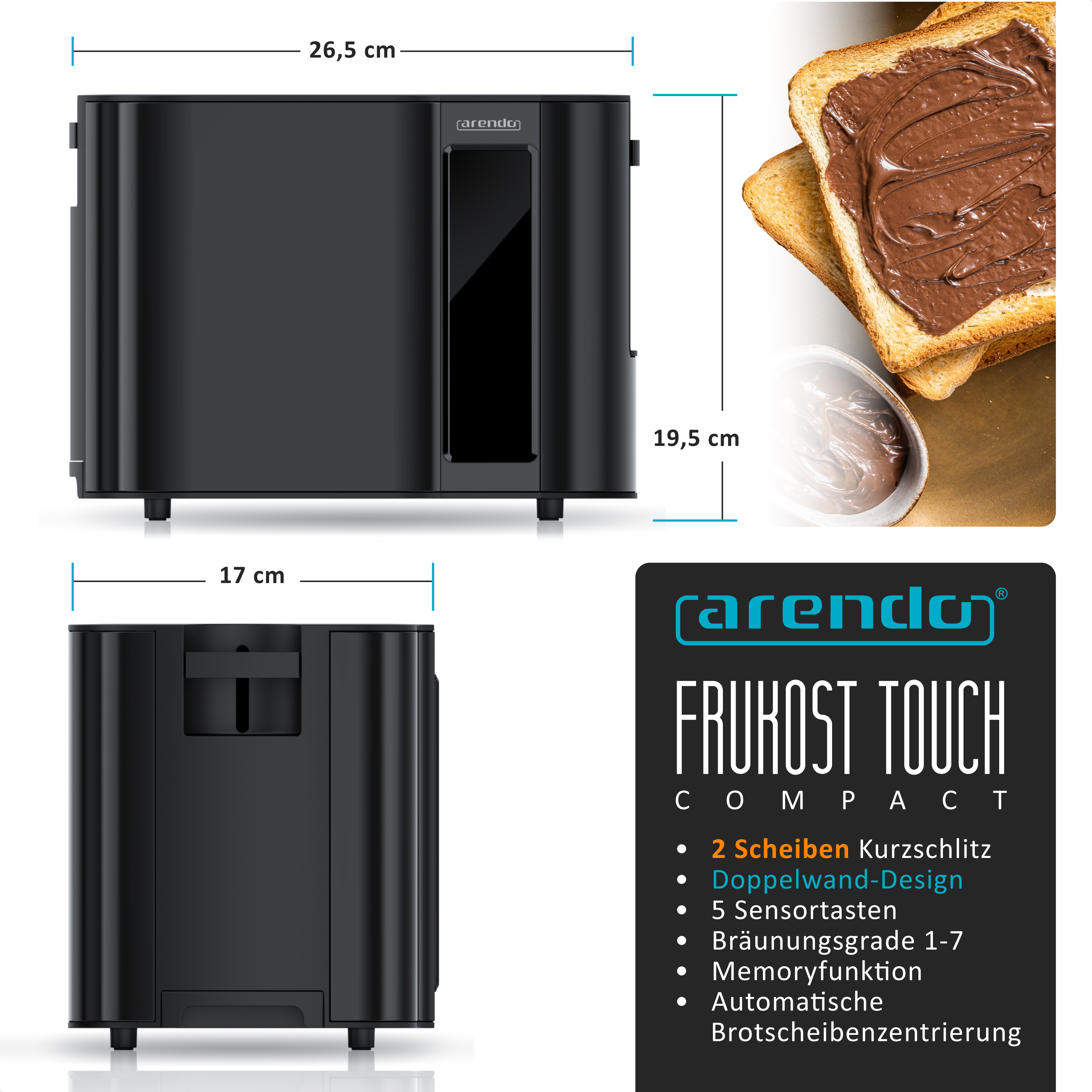 Schwarzer Toaster mit Maßen 26,5x19,5x17 cm und Toast.