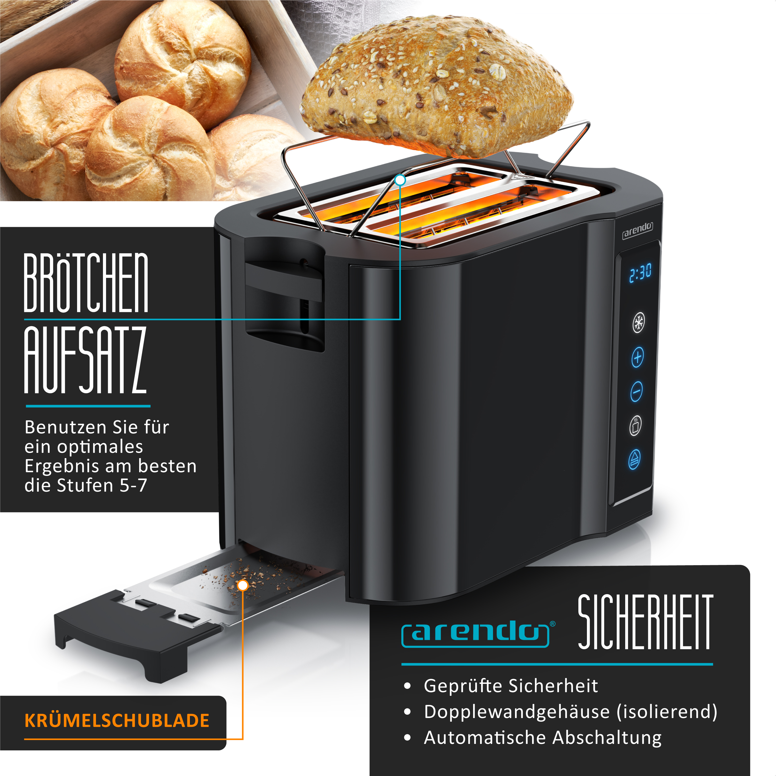 Ein schwarzer Toaster mit Brötchenaufsatz und einem Brot darin. Krümelschublade unten.