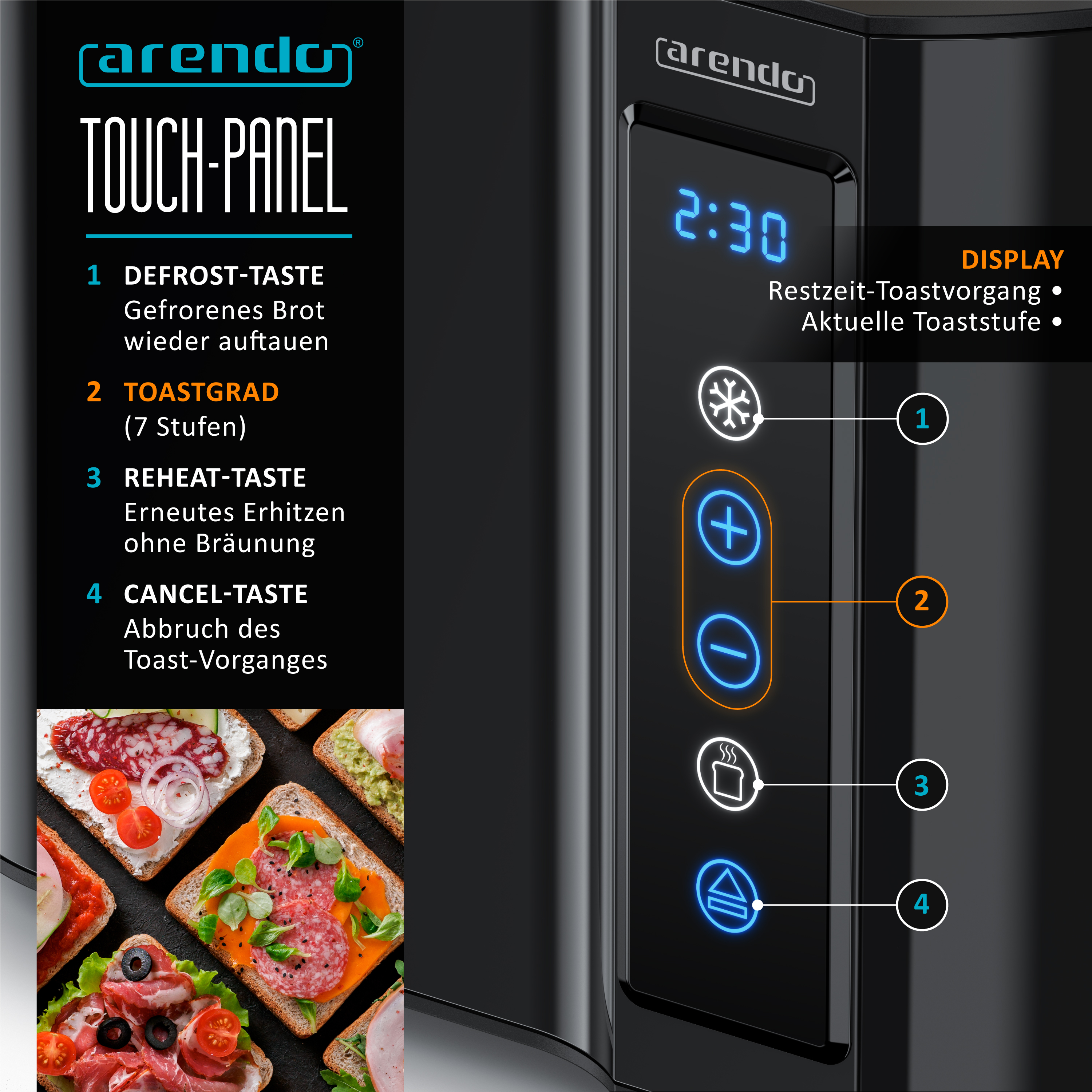 Schwarzer Toaster mit Touch-Panel und Toast-Bildern. Anzeige zeigt 2:30.