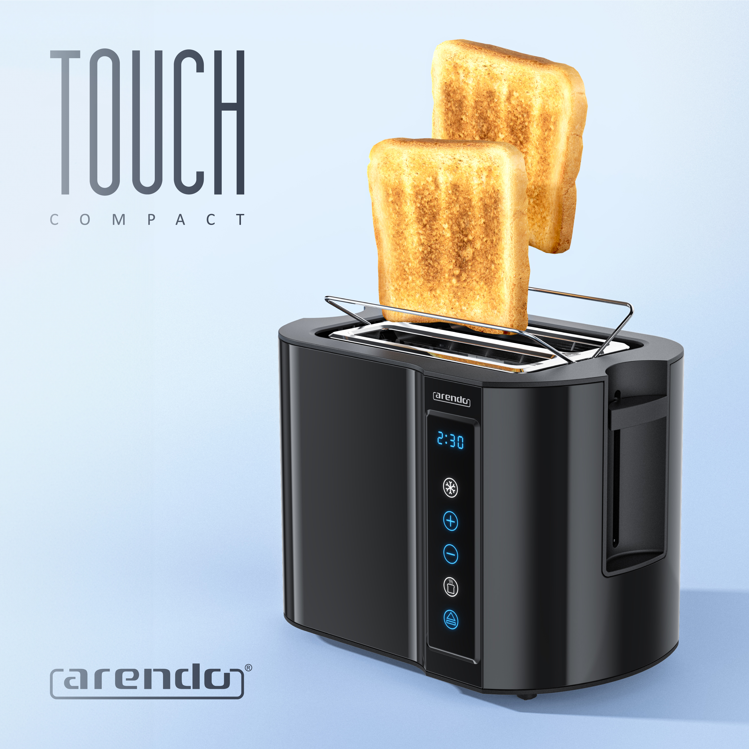 Ein schwarzer Toaster mit zwei goldenen Toastscheiben, die herausragen.