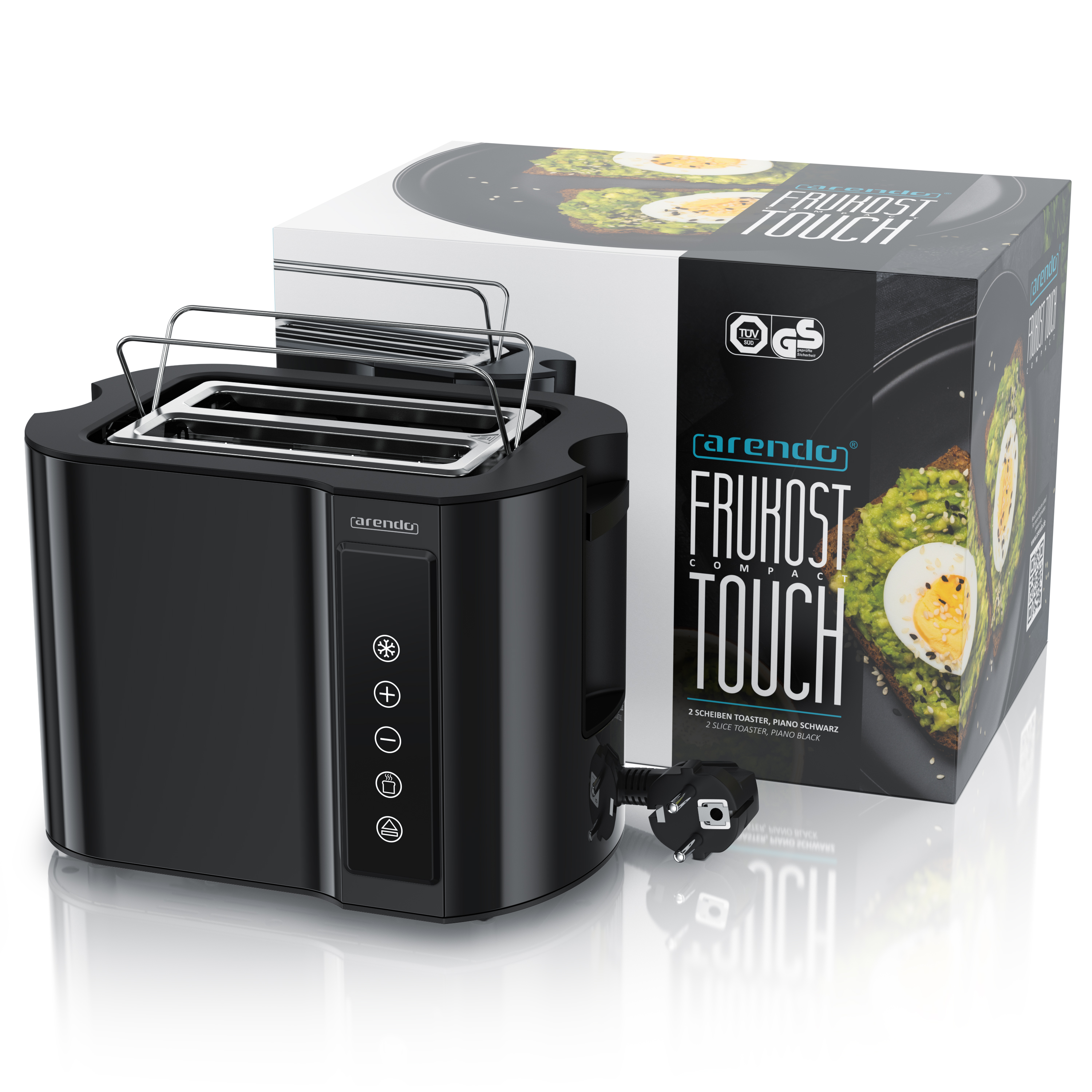 Schwarzer Toaster mit Chromdetails und Verpackung, die Avocado-Toast zeigt.