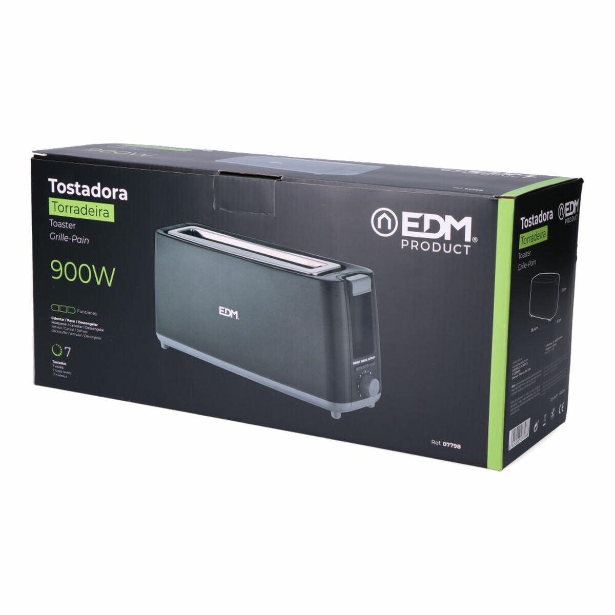 Confezione di un tostapane nero a fessura lunga da 900W con logo EDM.