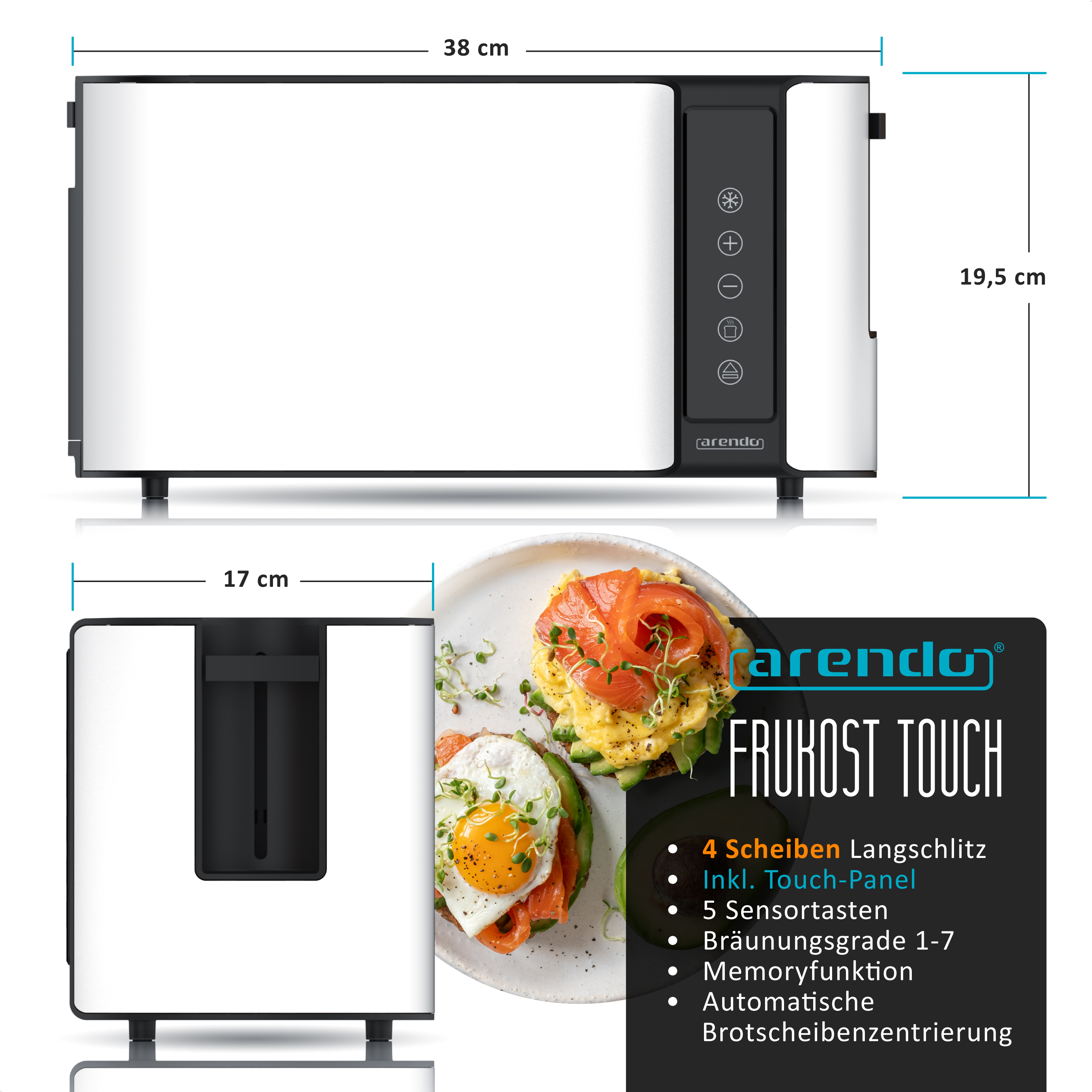 Ein weißer Toaster mit Touch-Bedienfeld und Frühstück auf einem Teller daneben.