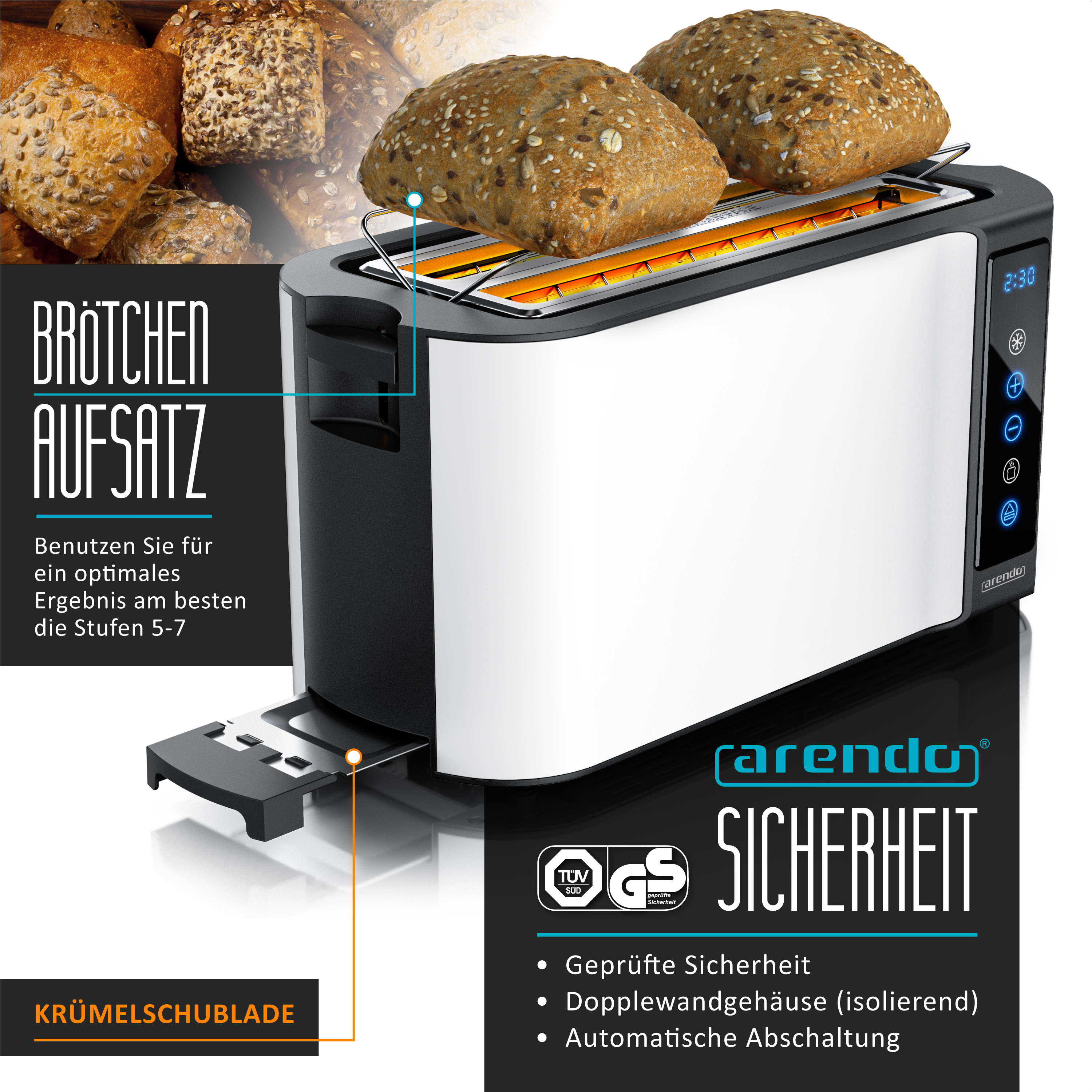 Ein weißer Toaster mit Brötchenaufsatz und zwei Brötchen, daneben Texte.
