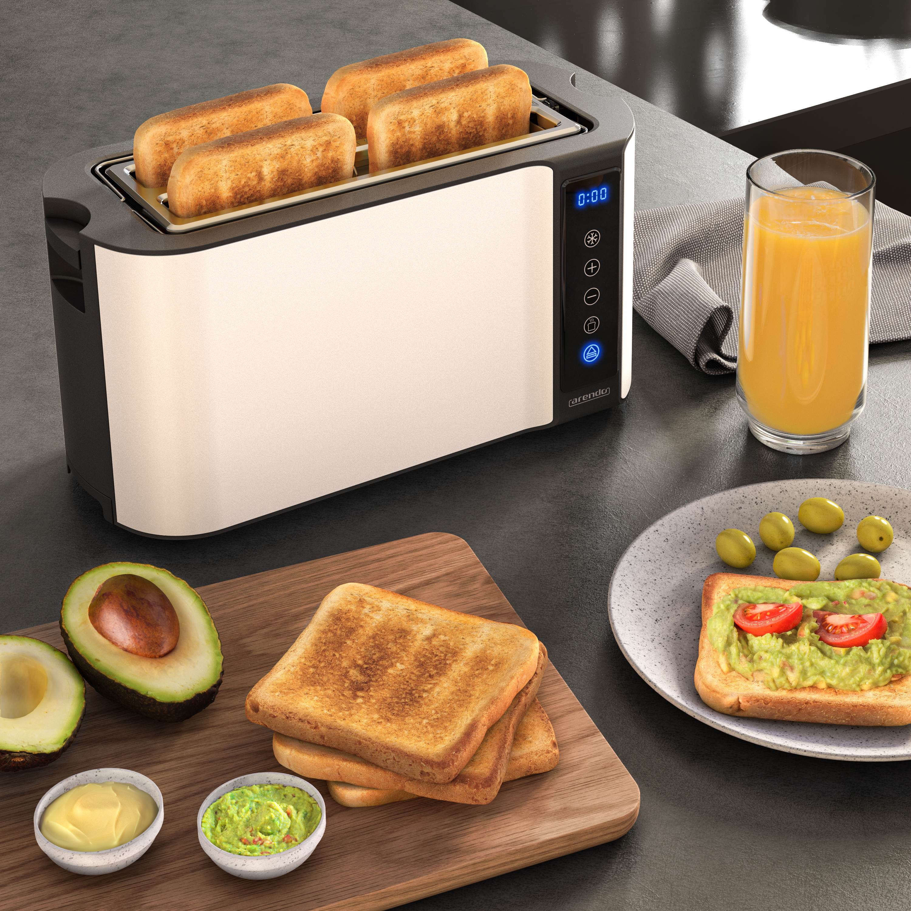 Ein Toaster mit vier Brotscheiben, daneben Avocado, Guacamole, Oliven und Orangensaft.