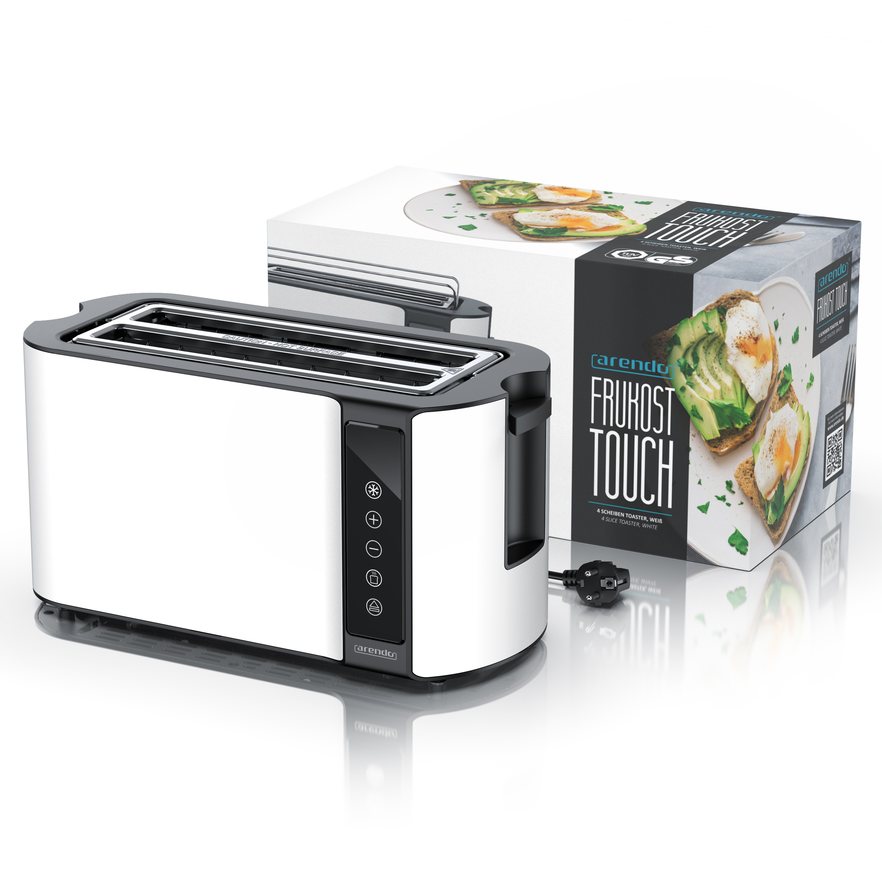 Ein weißer 4-Scheiben-Toaster von Arendo mit einer Verpackung, die Frühstückstoast zeigt.