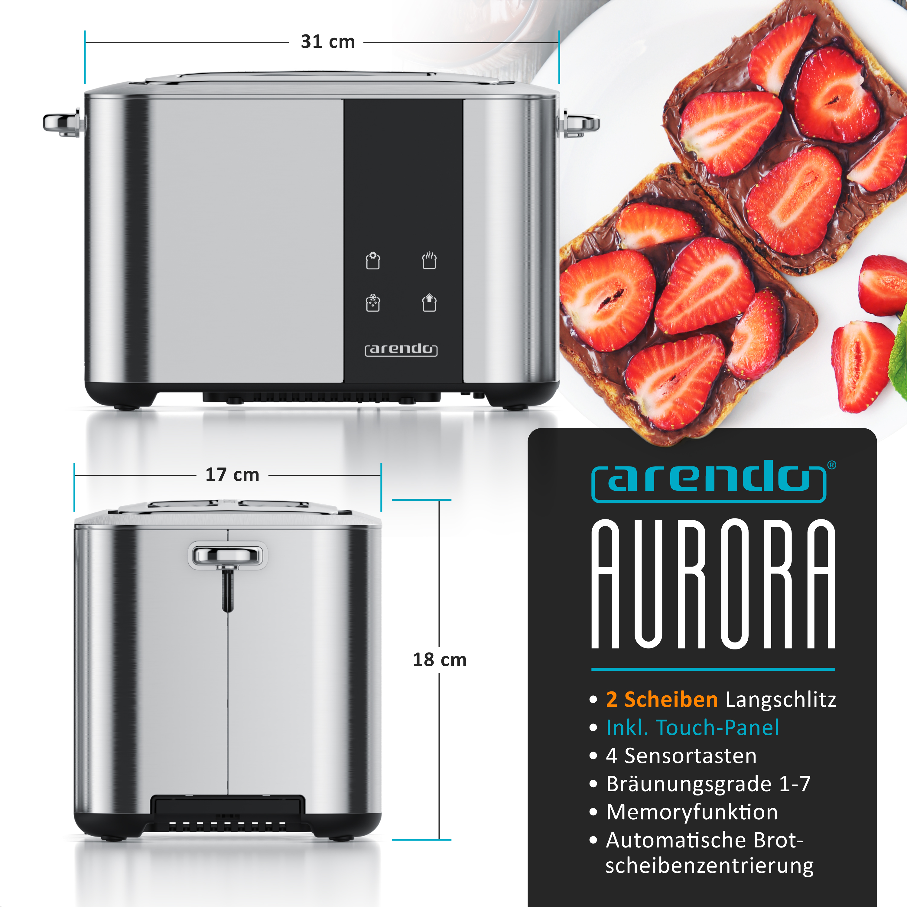 Edelstahl-Toaster mit Touch-Panel und Toast mit Erdbeeren.