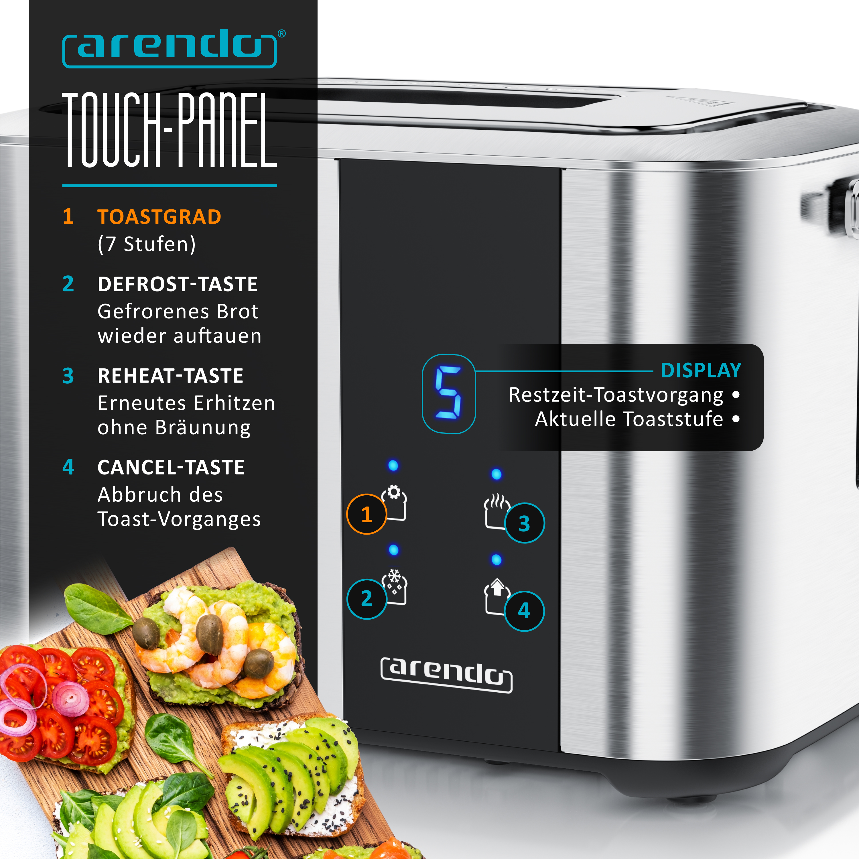 Moderner silberner Toaster mit Touch-Panel und Anzeige, daneben appetitliche Sandwiches.