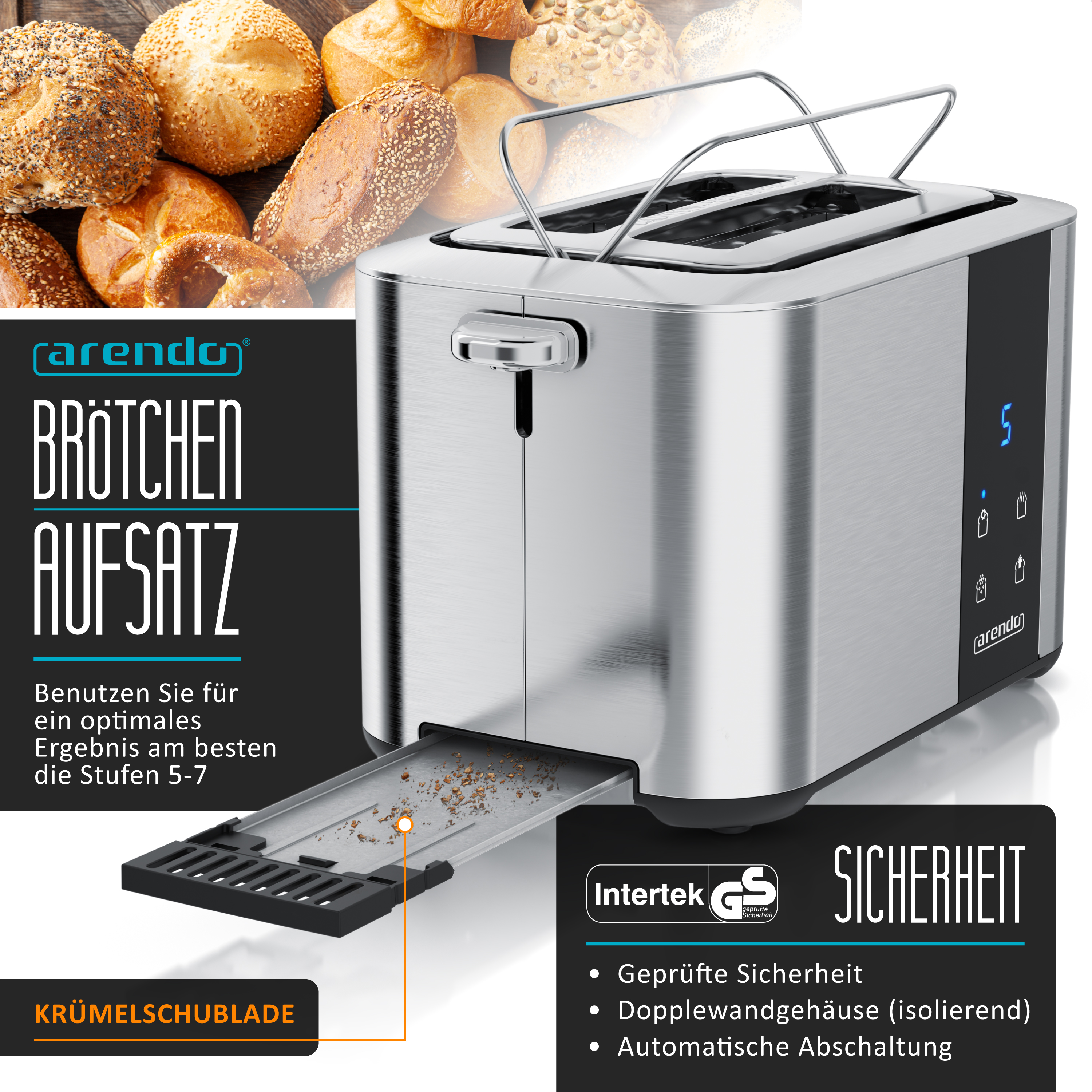 Edelstahl-Toaster mit Brötchenaufsatz und Krümelschublade, digitale Anzeige.