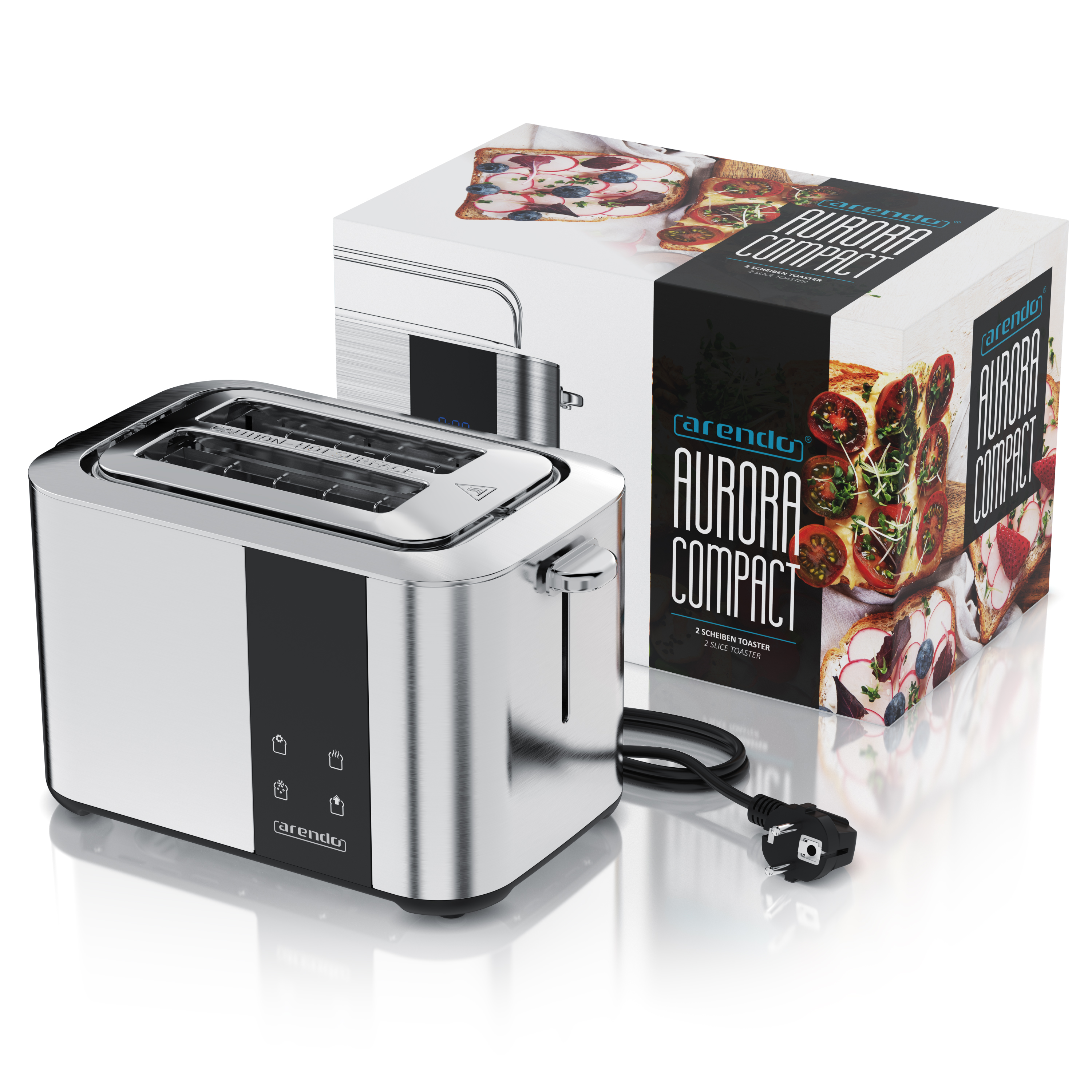 Ein silberner Toaster mit schwarzem Bedienelement und einer Verpackung daneben.