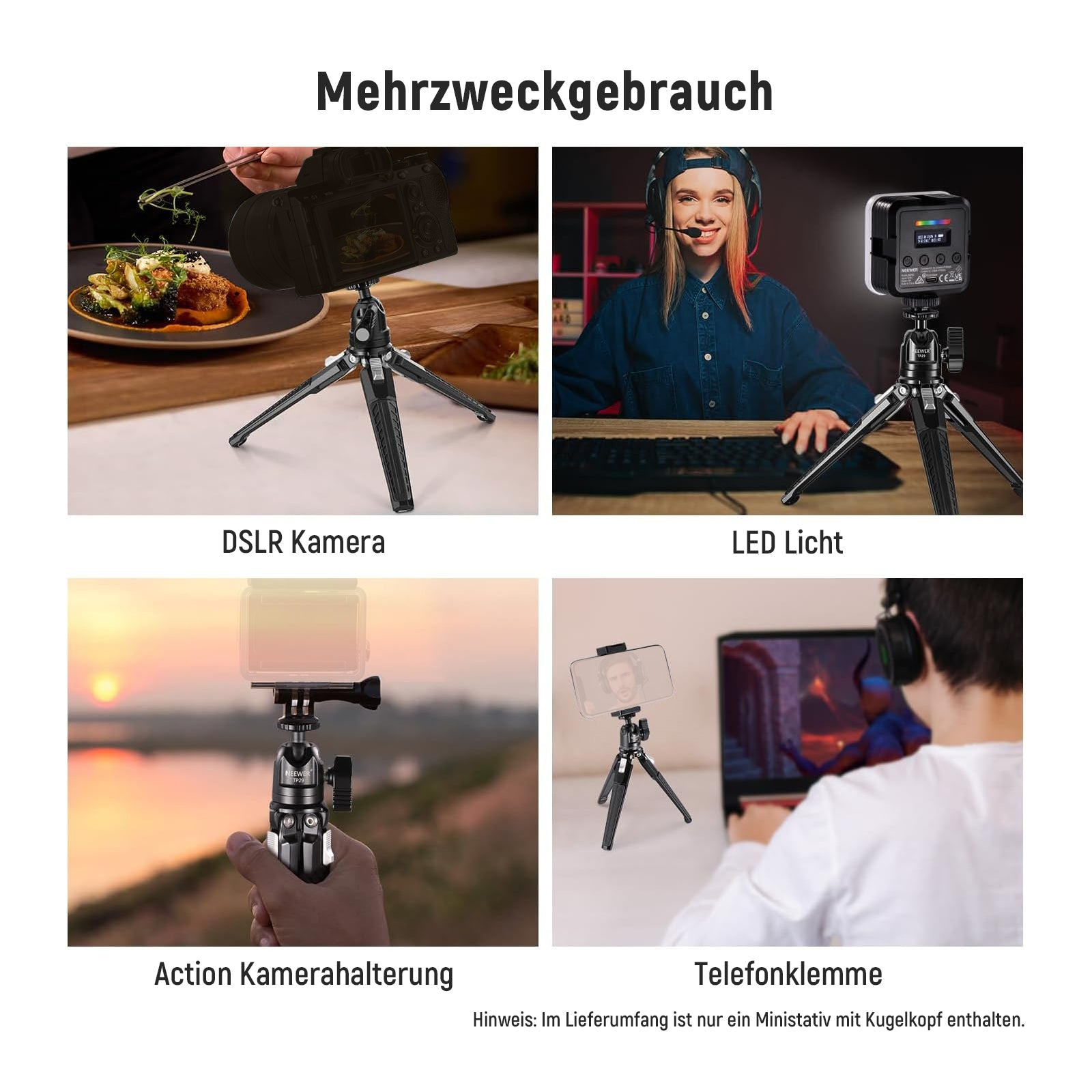 Vier Einsatzmöglichkeiten für ein Stativ: DSLR, LED-Licht, Actioncam, Smartphone.