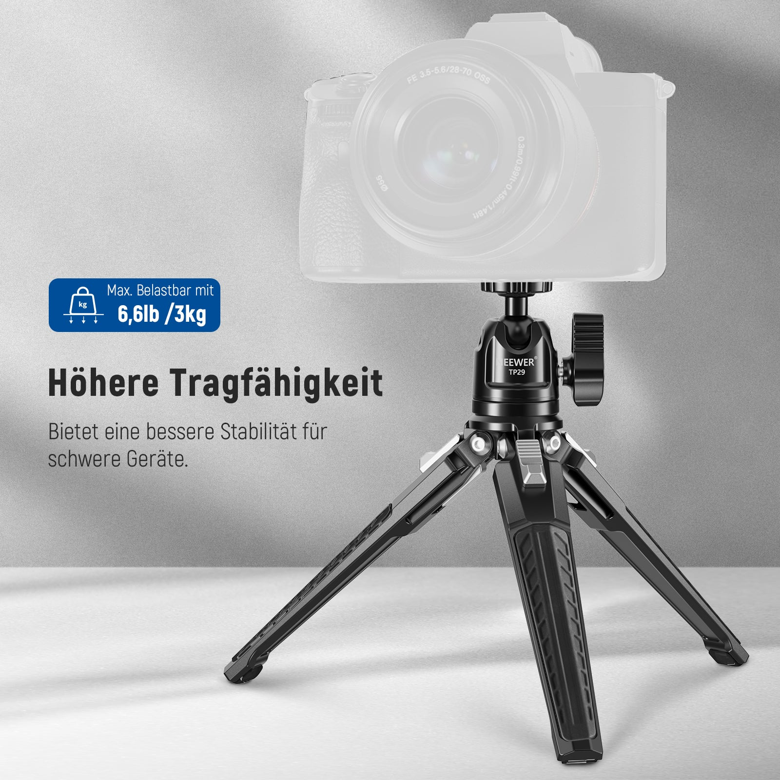 Schwarzer Kamerastativ mit "EEWER TP29" Logo, trägt 3kg.