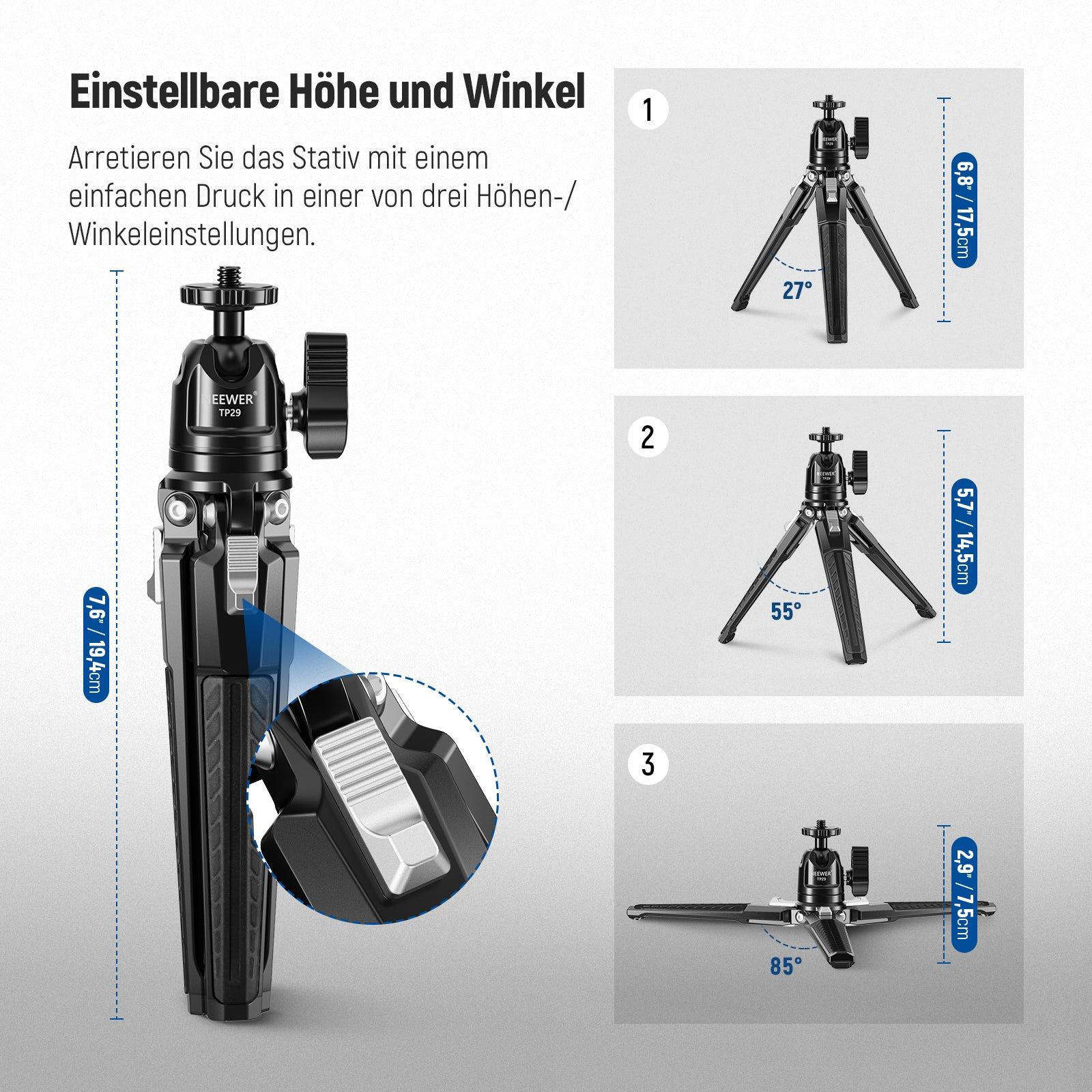 Ein schwarzes Stativ mit drei Beinen, in drei verschiedenen Winkeln gezeigt.