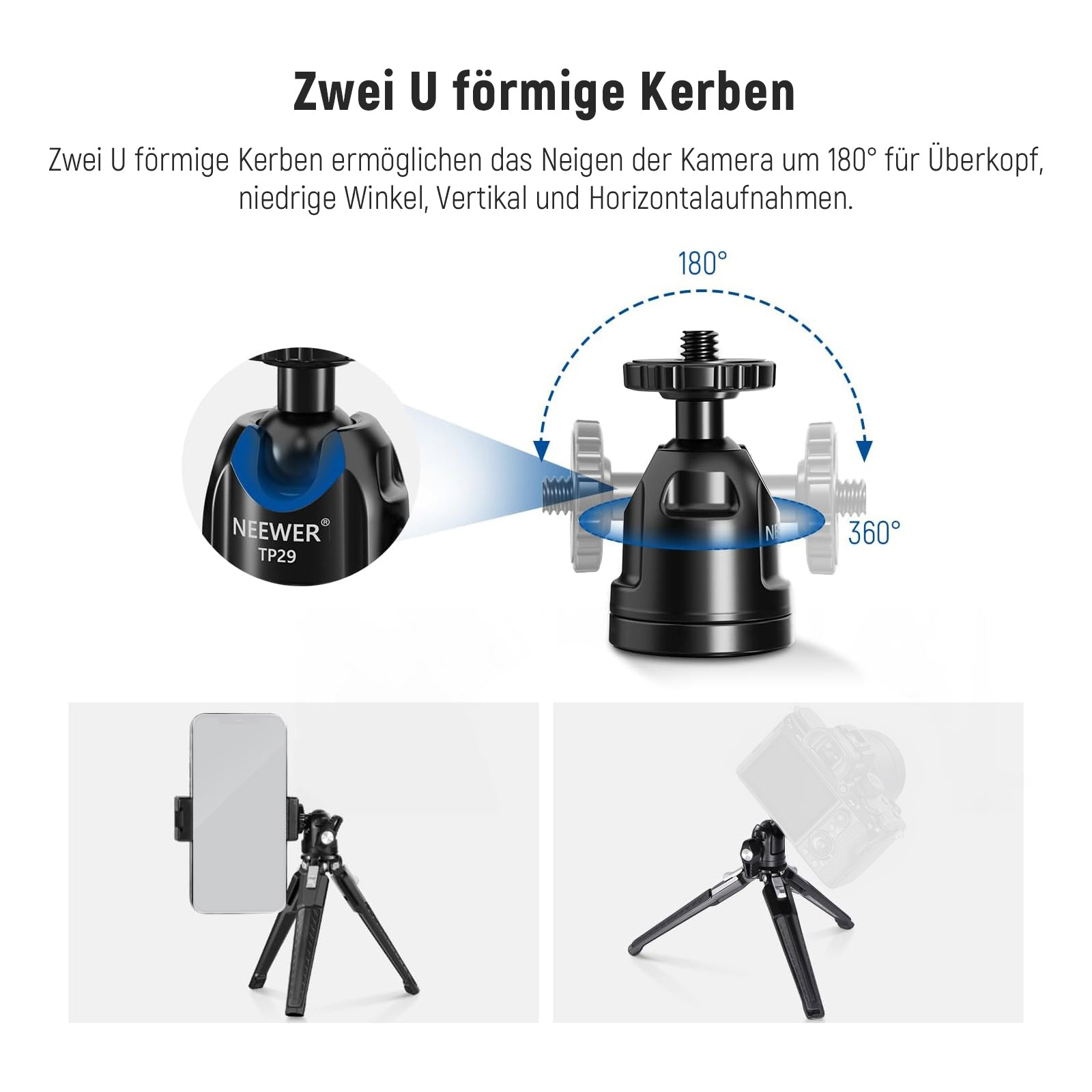 Schwarz Neewer TP29 Kugelkopf-Stativadapter mit Handy- und Kamera-Halterung.